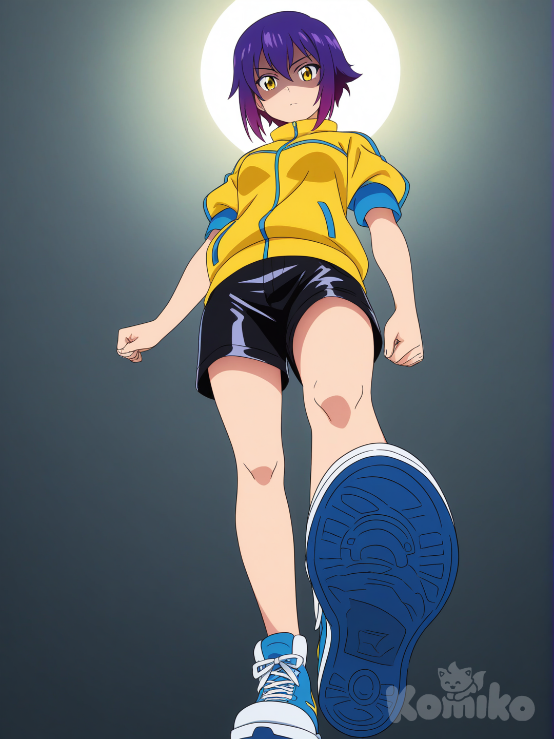 Anime-style cinematic, a giant girl named Kiaura with short purple hair and yellow eyes wear a yellow short sleeve jacket, leather shorts and blue sports shoes., [pop-anime-style]