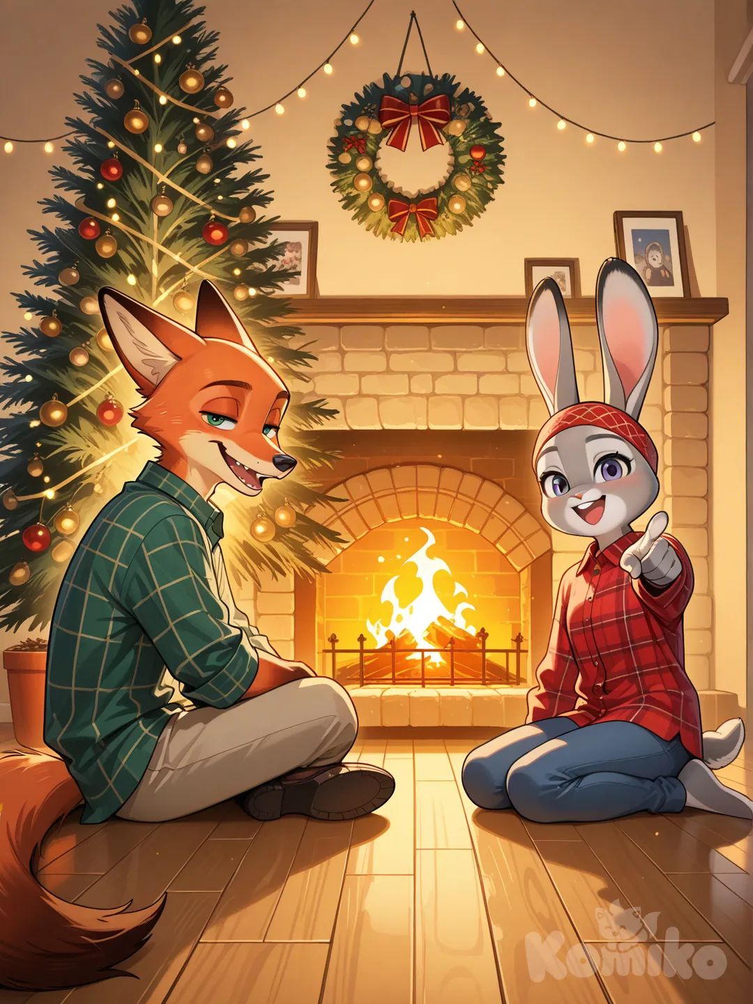 Judy Hopps, Nick Wilde, sitting on the ground, pointing at viewer, smile, laughing, plaid shirt, casual pants, headband, has que se encuentren en una habitación decorando un arbole de navidad, has que todo el ambiente se sienta cálido y acojedor