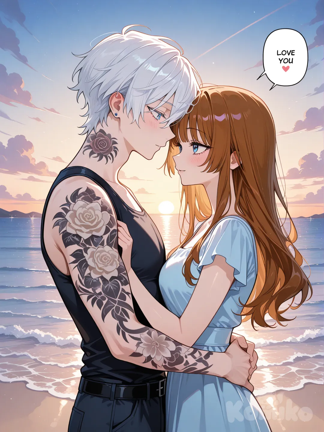 My dress up darling, male hair brown blue eyes arm tattoo, female hair white ocean blue eyes neck tattoo watching sunset man says I love you