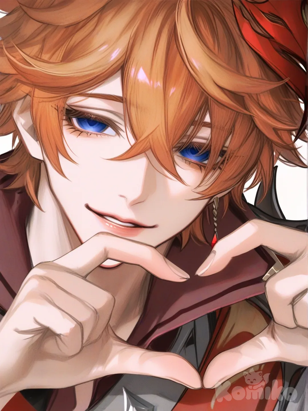 1boy, @Tartaglia_(Genshin_Impact), [semi-realistic-portrait-style], heart hands, smile, upper body, ambient light, clean background