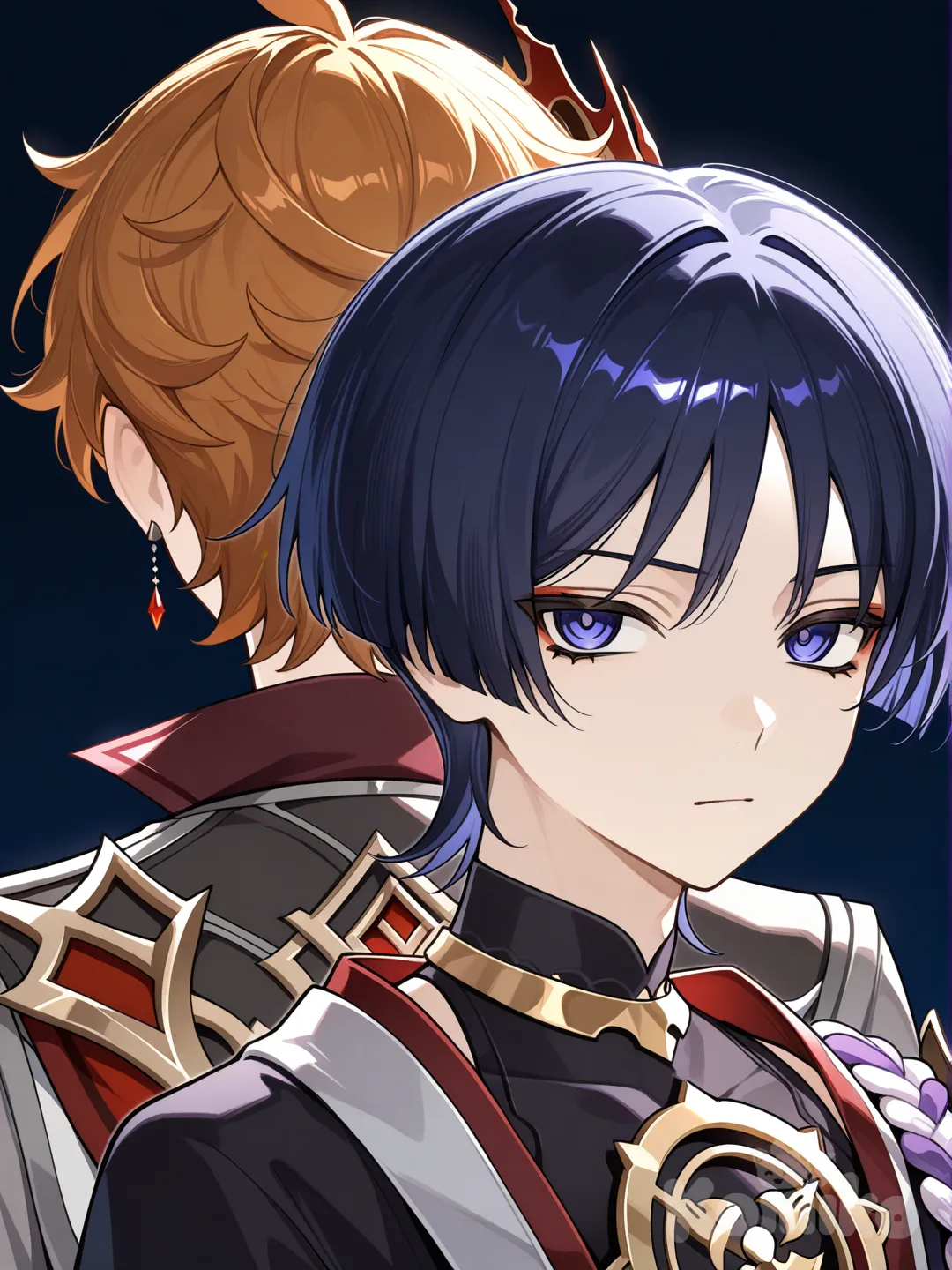 2boys, @Tartaglia_(Genshin_Impact), @Scaramouche_(Genshin_Impact), [glossy-anime-style], back to back, looking at viewer, upper body