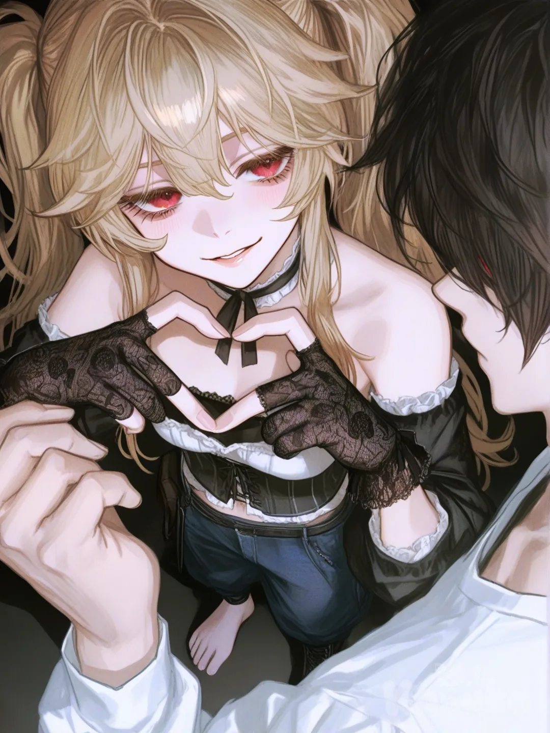 @L_Lawliet, @Misa_Amane, 1boy, 1girl, 2people, [semi-realistic-portrait-style], heart hands, gathering together, from above, clean background