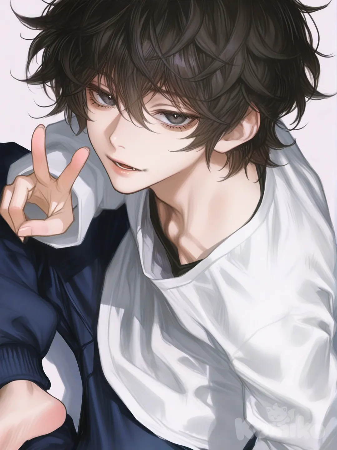 1boy, @L_Lawliet, [semi-realistic-portrait-style], v sign, sitting on the ground, looking at viewer, clean background