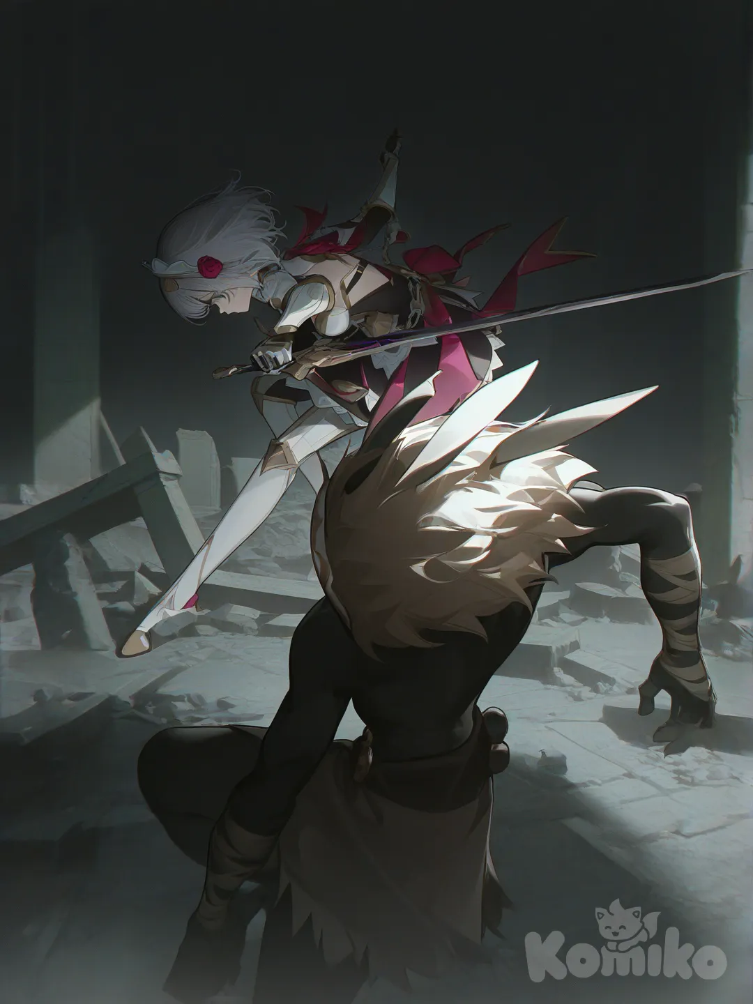 [high-contrast-glossy-style], fighting, holding sword, closeup, upper body, cinematic lighting, ruins, 1boy, 1girl, 2people, @Hilichurl_(Genshin_Impact), @Noelle_(Genshin_Impact)