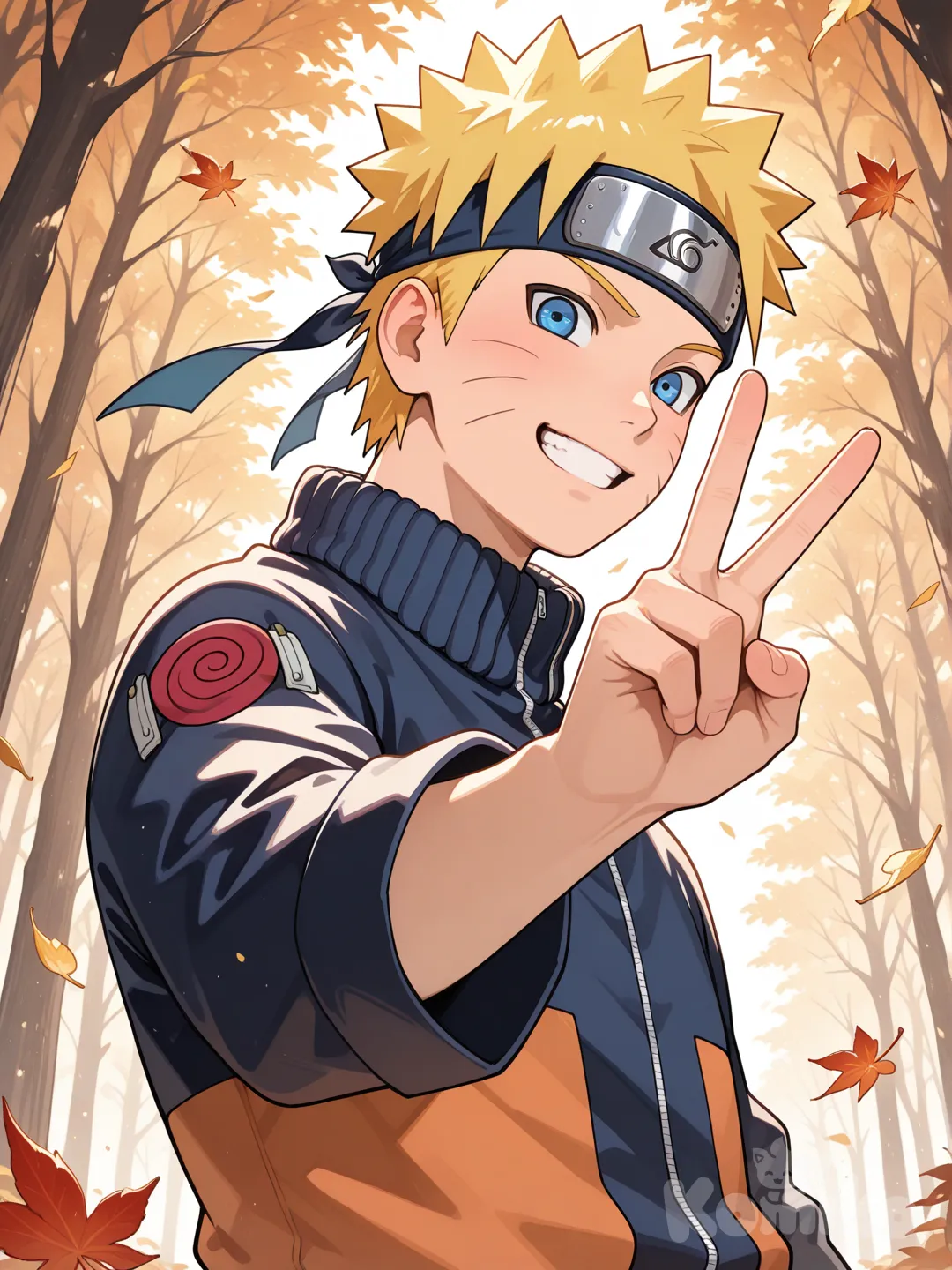 uzumaki naruto, naruto \(series\), 1boy, blue eyes, blonde hair, short hair, spiked hair, whisker markings, forehead protector, v sign, smile, leaves falling, looking at viewer, ambient light, backlight