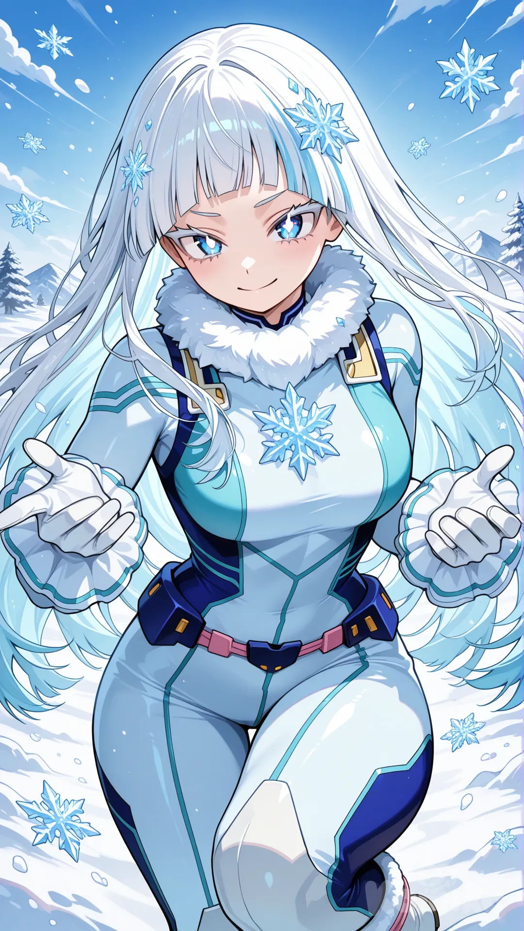BOKU NO HERO ACADEMIA, My long, straight hair with wavy ends is predominantly white, accentuated by bluish streaks scattered throughout the ends, bangs, and in some strands from root to tip – a Hime haircut. My eyes are almond-shaped, often with smooth eyelids or subtle epicanthic folds, conveying an expression of serenity or vivacity. The iris displays a vibrant gradient of blue, with shimmering reflections that add depth and a magical touch. In the center of the pupils, there is a white, snowflake-shaped glow, reinforcing the icy aesthetic. I'm wearing a Pro-hero suit with accessories, specially made for my Ice and Snow Quirk.