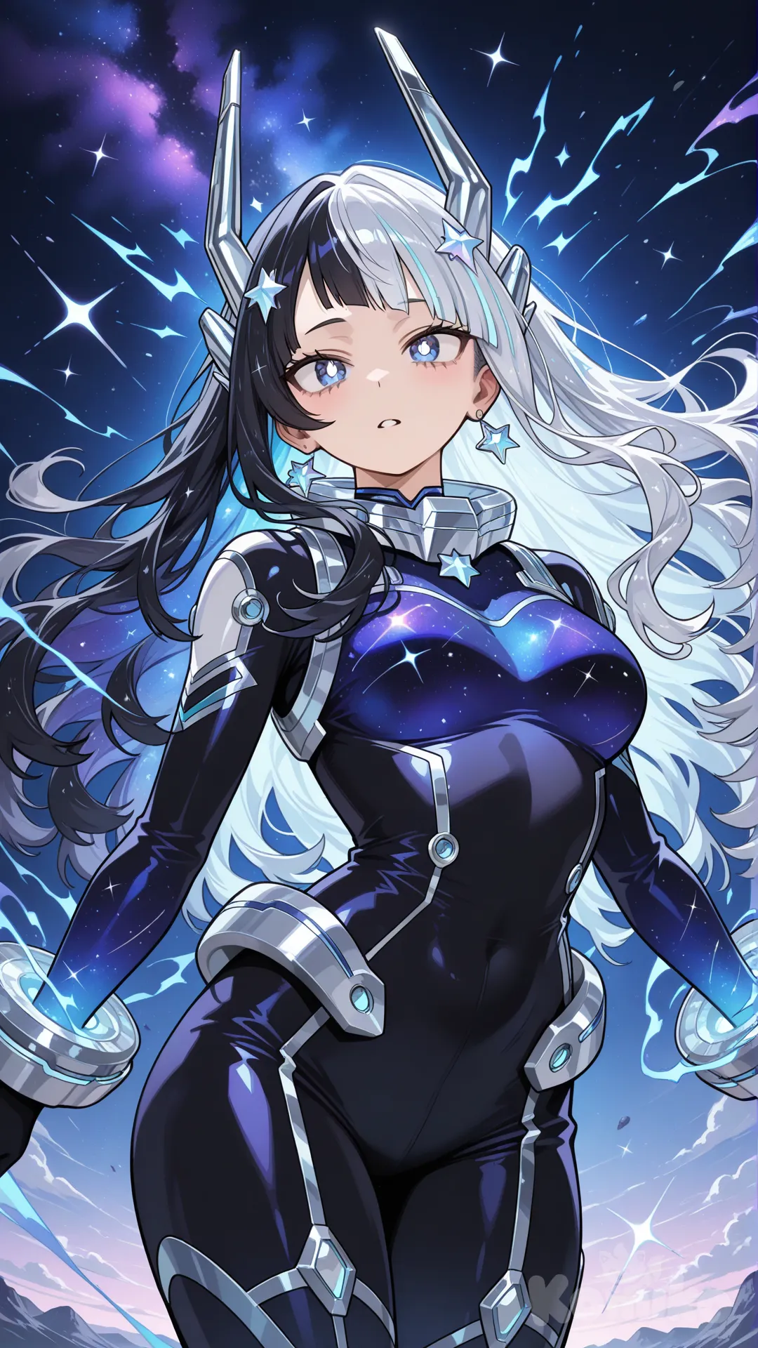 In BOKU NO HERO ACADEMIA, my hair is long and wavy, with onyx tones and silver streaks that spread to the ends and bangs – a "London" style haircut. My eyes are deep and expressive, with irises that display a gradient of silver and blue, as if reflecting starlight. In the center of my pupils, there is a white galaxy-shaped glow, reinforcing the cosmic aesthetic. I'm wearing a Pro-Hero outfit with accessories, made for my "Cosmos" Quirk – the ability to control and manipulate cosmic energy and matter, allowing me to create stars, manipulate gravity, and even travel through space with my touch, in black, silver, and neon blue.