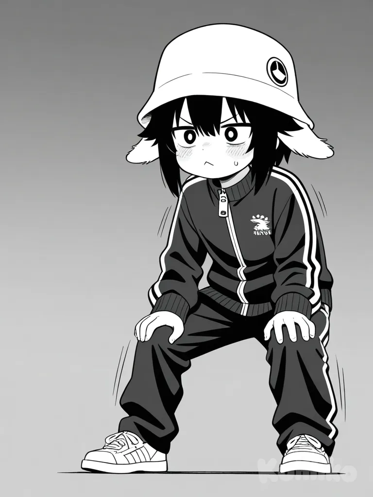 A young anime boy with a slim build, messy spiky black hair with a long bang covering one eye, wearing a large white winter hat with floppy ear flaps. He has wide expressive eyes with small dark pupils, flushed red cheeks, and sweat droplets, showing nervousness and embarrassment. He is dressed in a sporty tracksuit jacket with a zipper and darker trim, loose-fitting pants, and sneakers. His body language is exaggerated and dramatic, hands stretched forward with splayed fingers, alternating between panicked flailing and apologetic bowing. The art style is manga-inspired with bold outlines, dynamic motion lines, grayscale shading, and small red accents for emphasis.