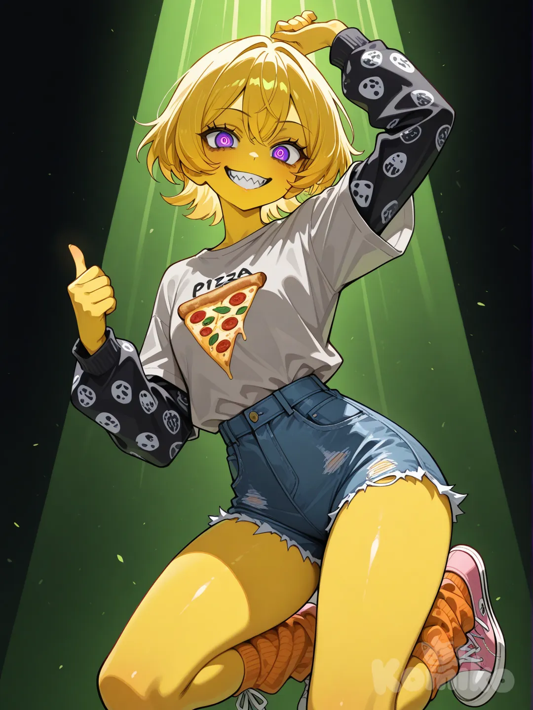 Hyper image, 8K quality, HDR, huge intense cold colors, 1 girl, alone, tall woman (1.80 m), alone, short yellow hair, (yellow skin), pretty face, purple eyes, perfect face, irises, bulging eyes, curvy body, almost perfect body, triangular waist, (large grayish-white long-sleeved shirt with black sleeves), (patterns on the sleeves: 1.5), ((a print of a pizza on the chest of the shirt and sleeves)), (blue denim shorts), long loose orange socks. Pink Converse, ((Getter Robo Armageddon Style: 1.1)), girl posing, hip bent to the right, left arm raised in front, left hand with a thumbs up, visible teeth, epic smile, the smile is long showing every line that separates the teeth, it is grim, spooky, dark, behind 1 girl emerge a large amount of flashes of green light rays