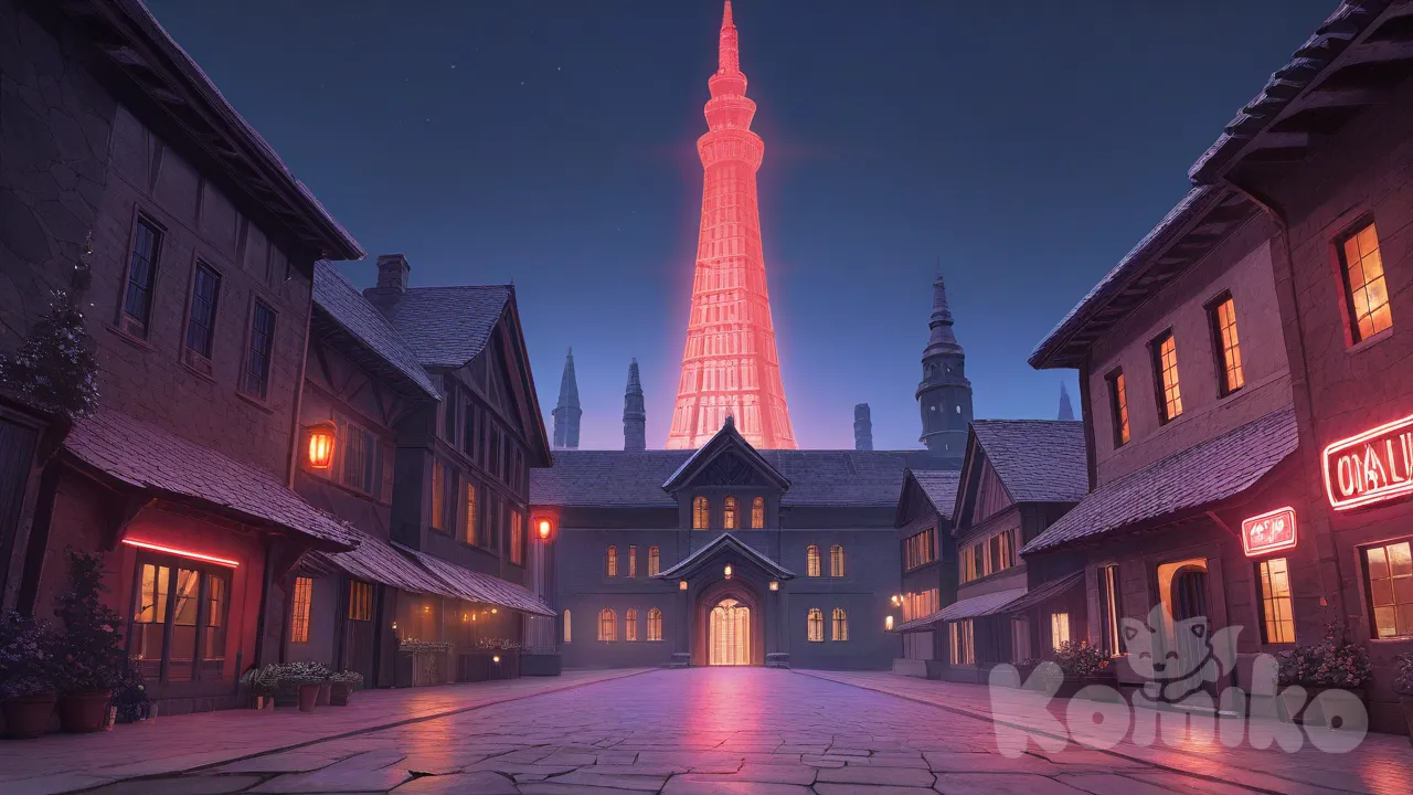 The giant medieval red light tower futuristic