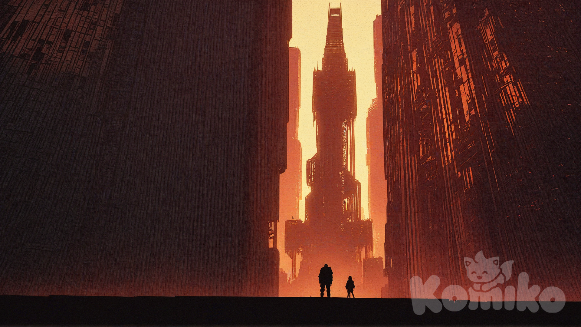 [action-manga-style], The gigantic retro-futuristic red tower, with a vintage illustration design style, covers an area that fills a vast horizon with its silhouette and great height, showing how the light reflects off it. The entire tower covers a retro-futuristic city that lies within its shadow. The red tower shows many connections to different places in the city as if they were pillars and corridors of immense size