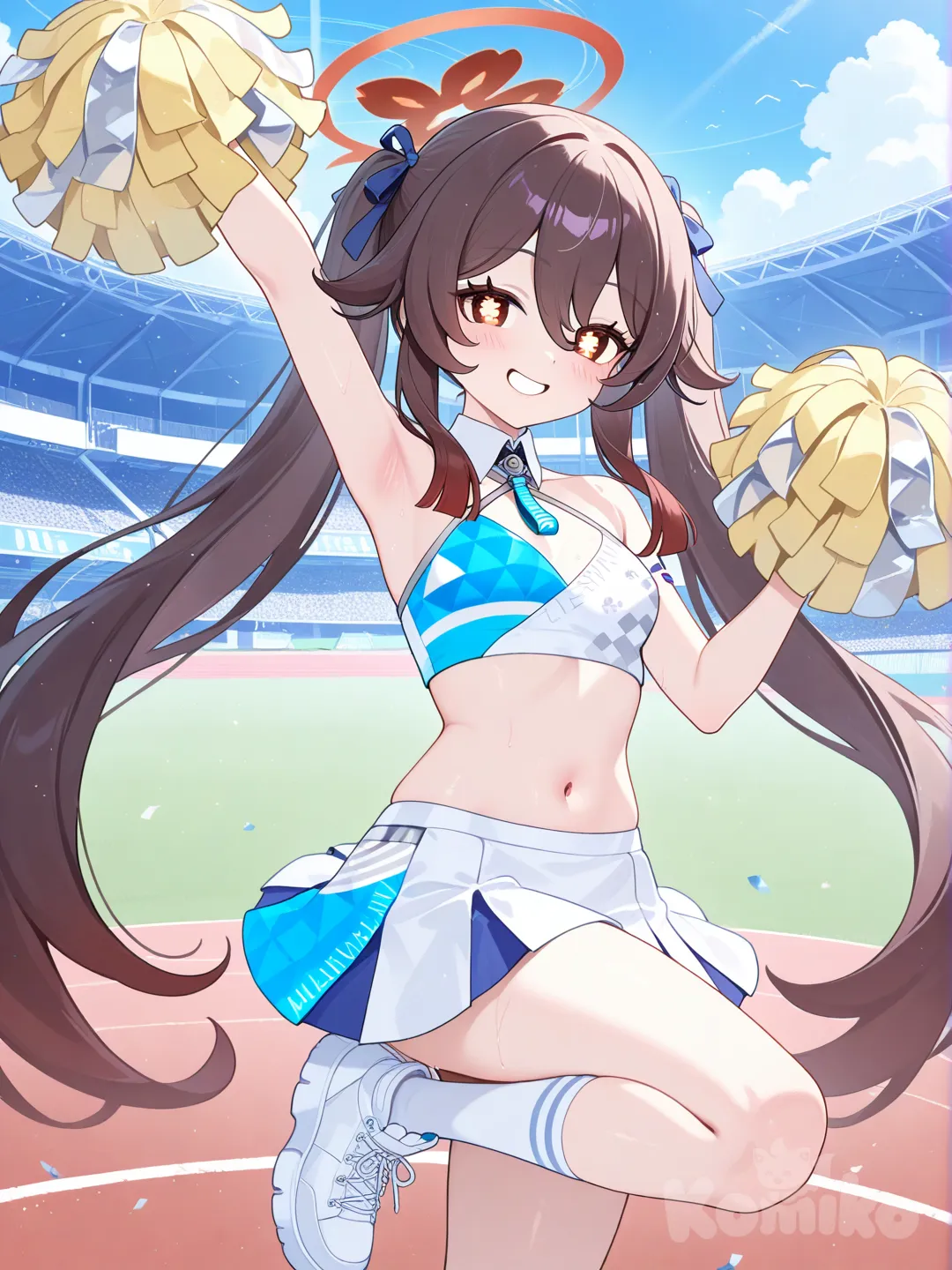 hu tao waering millennium cheerleader outfit, standing on one leg in the schoolyard