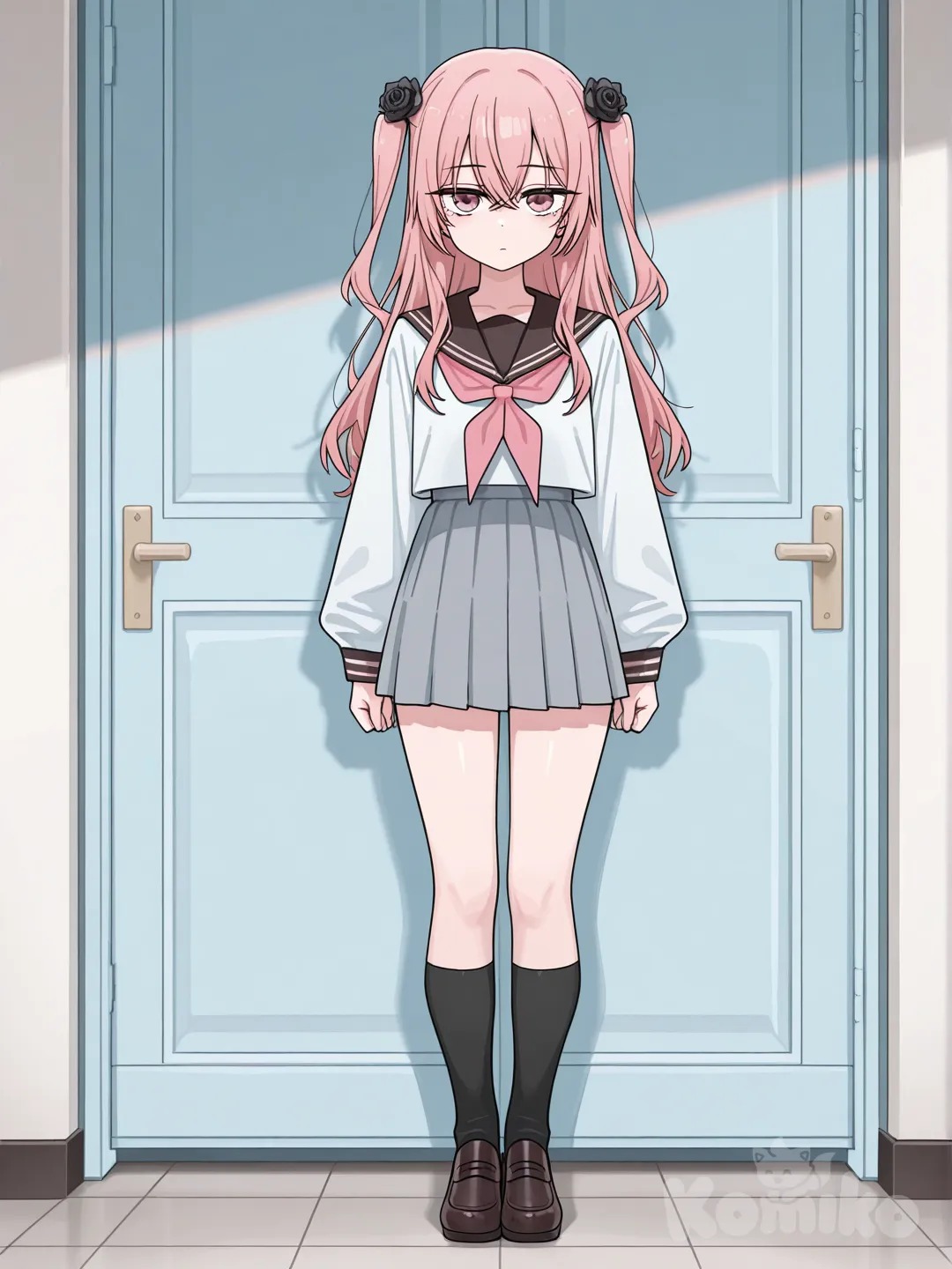 1girl, solo, black_flower, black_rose, pink_hair, full_body, two_side_up, long_hair, serafuku, bangs, hair_ornament, standing, hair_between_eyes, flower, hair_flower, rose, loafers, pink_eyes, expressionless, crossed_bangs, straight-on, inui sajuna (sono bisque doll wa koi wo suru), loli, [toon-shaded-style]