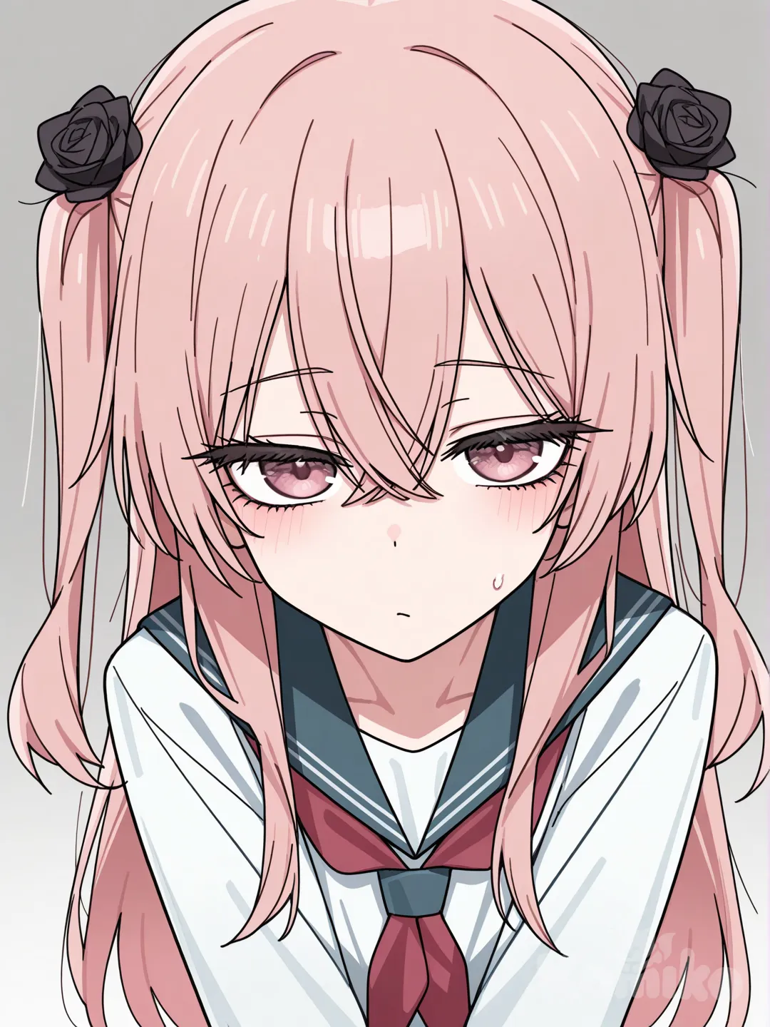 black_flower, black_rose, pink_hair, two_side_up, long_hair, serafuku, bangs, hair_ornament, hair_between_eyes, flower, hair_flower, rose, pink_eyes, crossed_bangs,inui sajuna (sono bisque doll wa koi wo suru), loli, [toon-shaded-style]