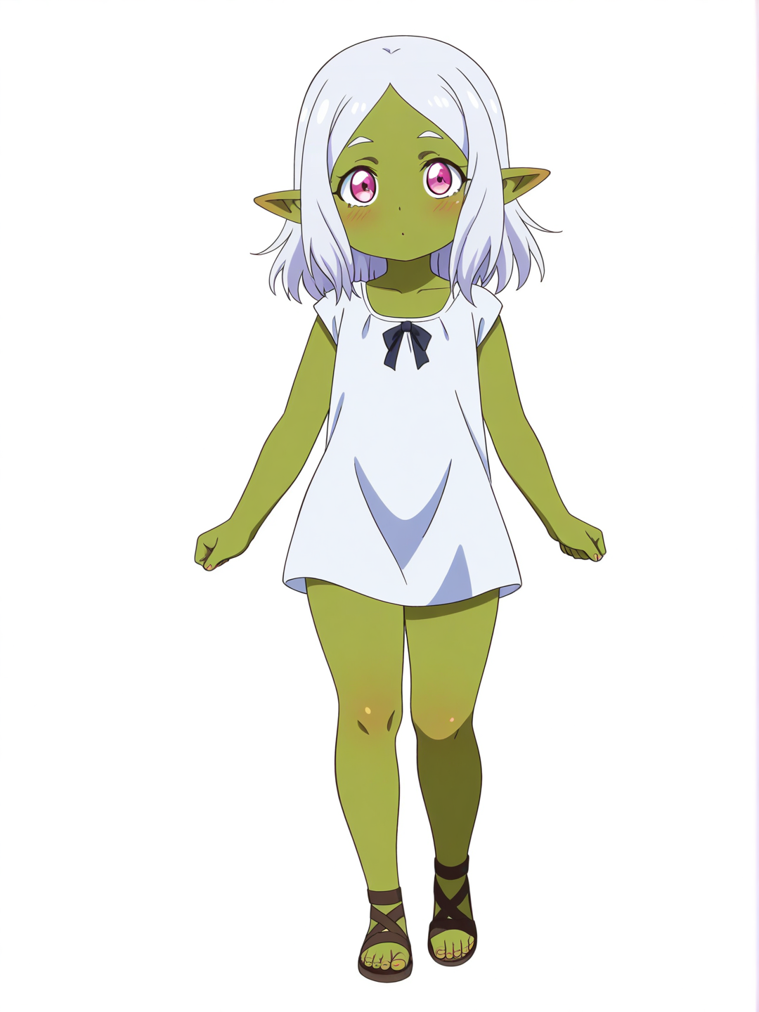[pop-anime-style] 1girl, elf, child, curvy, side-parted hair, white hair, pink eyes, dimple, olive skin, single character, full body, looking at viewer, anime style, simple background, white background