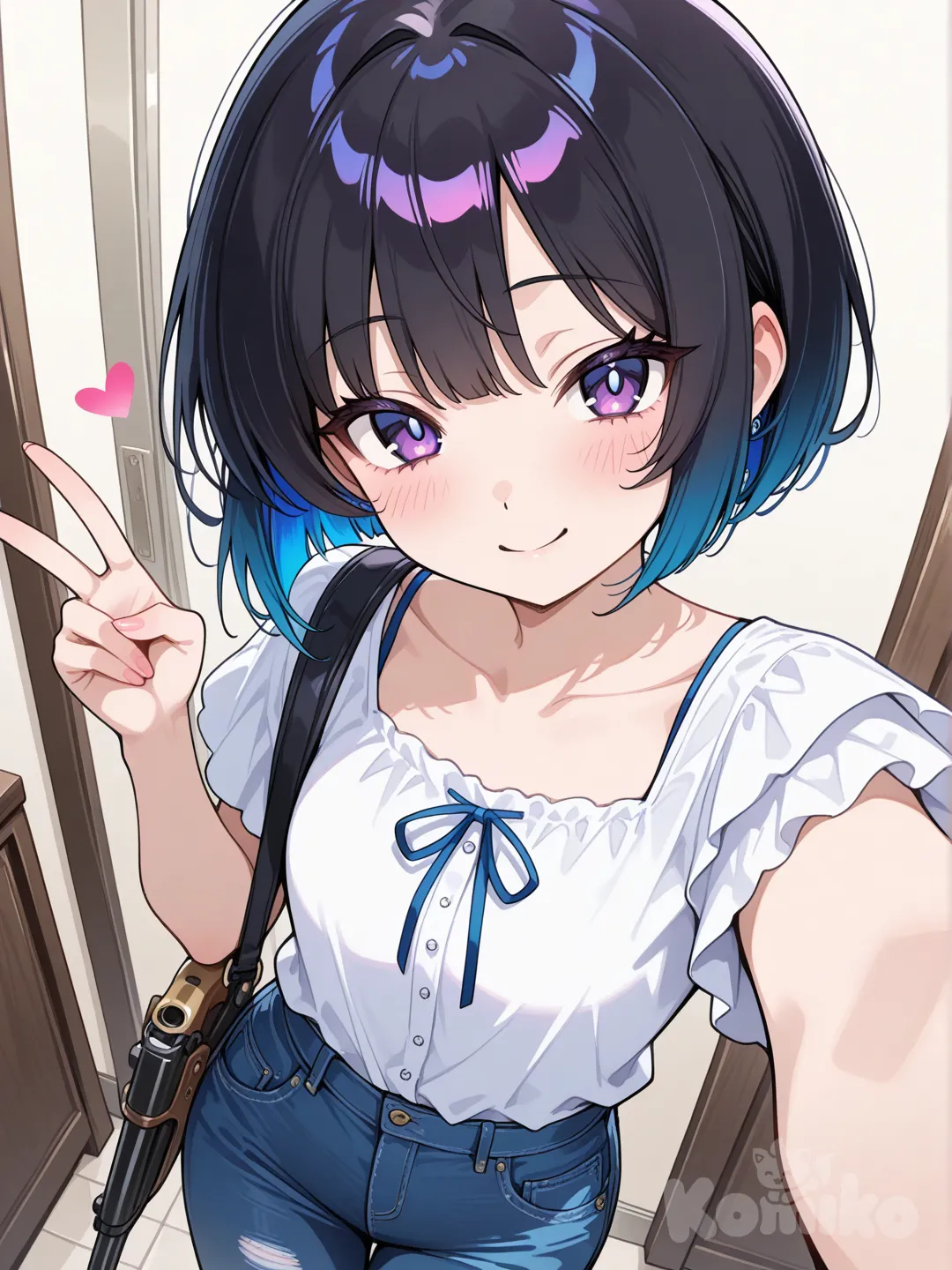 anime girl, cute expression, vibrant colors, anime art, 1girl, selfie, holding gun, v sign, jeans, bob cut, charcoal black