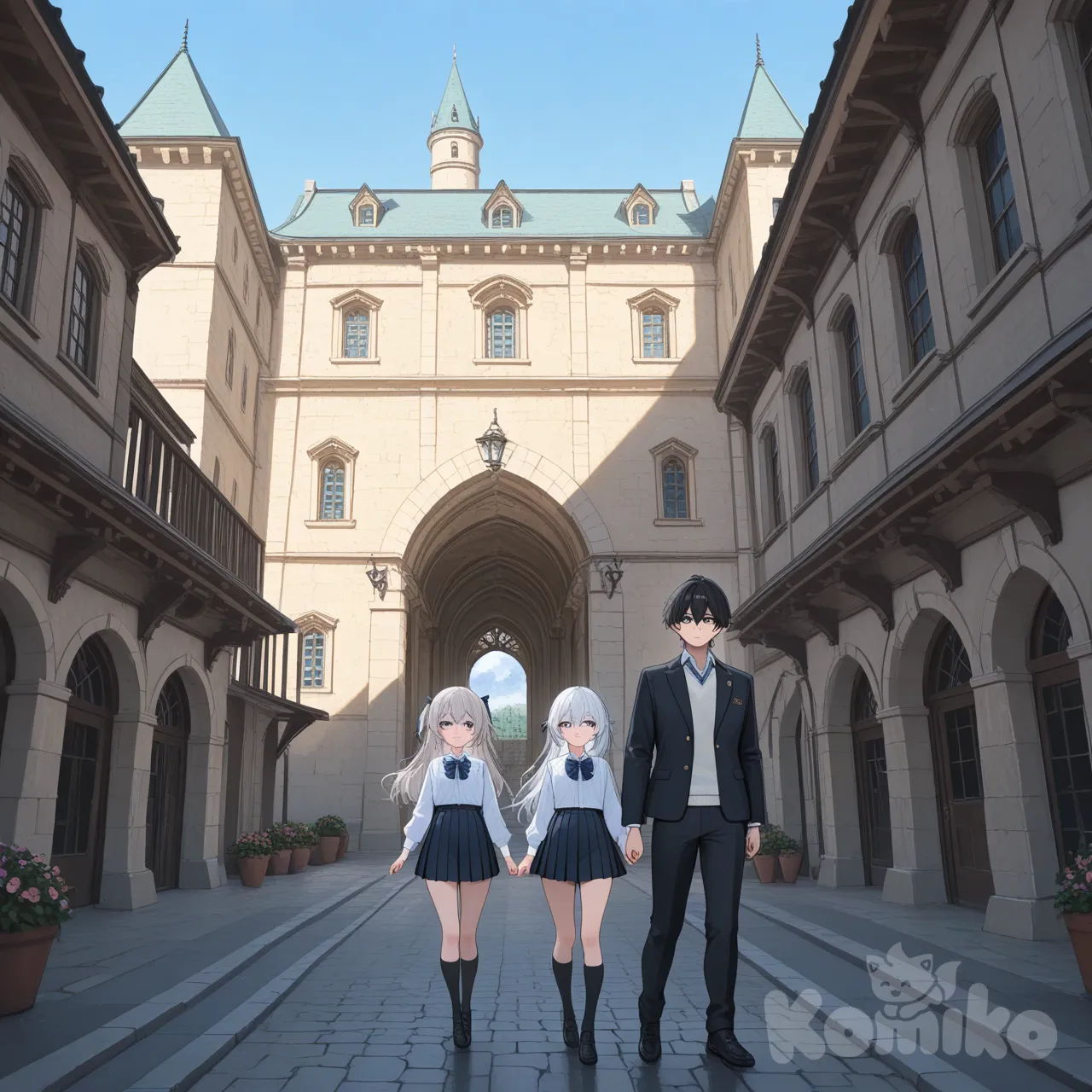 1boy, 1girl, pleated skirt, full body, day, castle
