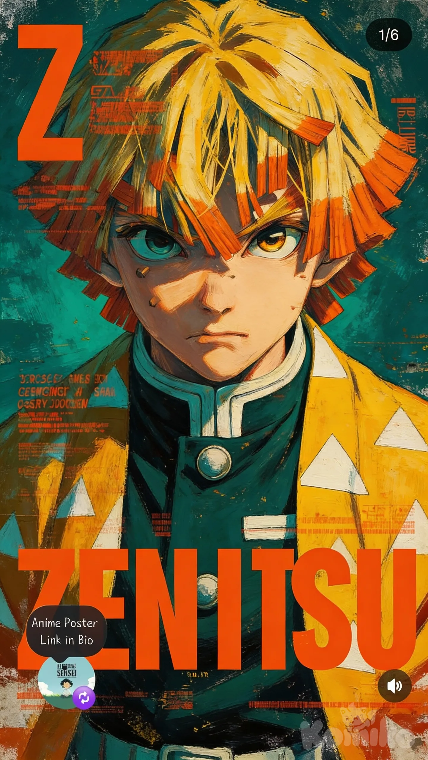 {
 "action": "generate_image",
 "parameters": {
 "prompt": "High-detail anime poster of Zenitsu Agatsuma from Demon Slayer. The character has a determined and intense expression with sharp, eyes (one teal, one amber). His signature yellow and orange bowl-cut hair is rendered with heavy, textured brushstrokes, giving it a stylized, painted appearance. He is wearing his classic yellow haori with white triangle patterns over a dark demon slayer uniform. The background is a mix of deep teal and textured overlays. Large, bold, orange typography 'ZENITSU' is placed at the bottom, with a large 'Z' at the top left. The overall art style is a blend of modern digital illustration and gritty, textured oil painting, featuring subtle glitch effects, fine lines, and distressed paper textures. Cinematic lighting, vibrant colors, 8k resolution, quality.",
 "style": "Stylized Anime Art / Mixed Media",
 "aspect_ratio": "9:16",
 "negative_prompt": "blurry, distorted, low quality, low resolution, watermark, signature, messy, deformed face, bad anatomy, simple background",
 "color_palette": ["#FFD700", "#FF4500", "#008080", "#1A1A1A"],
 "composition": "Close-up portrait with centered focus and bold foreground text"
 }
}
