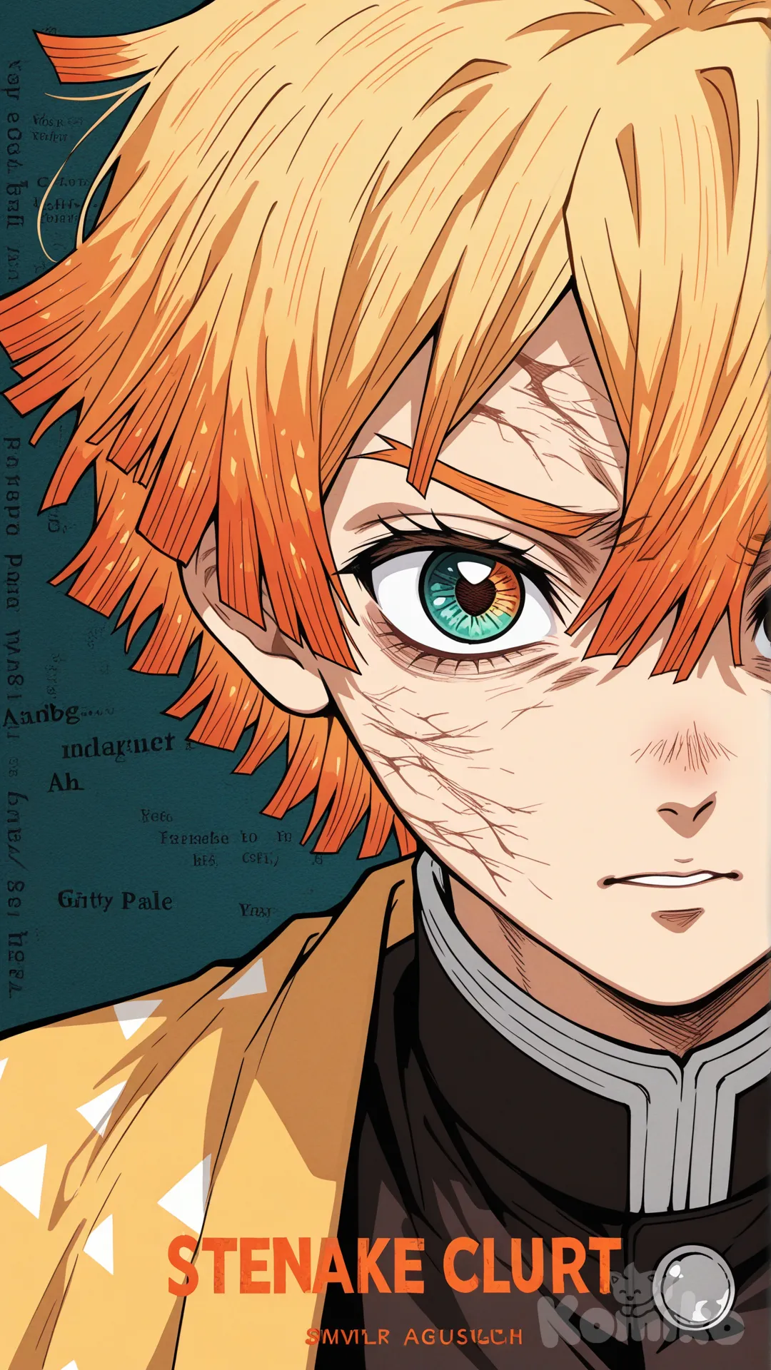 {
 "action": "generate_image",
 "parameters": {
 "prompt": "High-detail anime poster of Zenitsu Agatsuma from Demon Slayer. The character has a determined and intense expression with sharp, eyes (one teal, one amber). His signature yellow and orange bowl-cut hair is rendered with heavy, textured brushstrokes, giving it a stylized, painted appearance. He is wearing his classic yellow haori with white triangle patterns over a dark demon slayer uniform. The background is a mix of deep teal and textured overlays. Large, bold, orange typography 'ZENITSU' is placed at the bottom, with a large 'Z' at the top left. The overall art style is a blend of modern digital illustration and gritty, textured oil painting, featuring subtle glitch effects, fine lines, and distressed paper textures. Cinematic lighting, vibrant colors, 8k resolution, quality.",
 "style": "Stylized Anime Art / Mixed Media",
 "aspect_ratio": "9:16",
 "negative_prompt": "blurry, distorted, low quality, low resolution, watermark, signature, messy, deformed face, bad anatomy, simple background",
 "color_palette": ["#FFD700", "#FF4500", "#008080", "#1A1A1A"],
 "composition": "Close-up portrait with centered focus and bold foreground text"
 }
}
