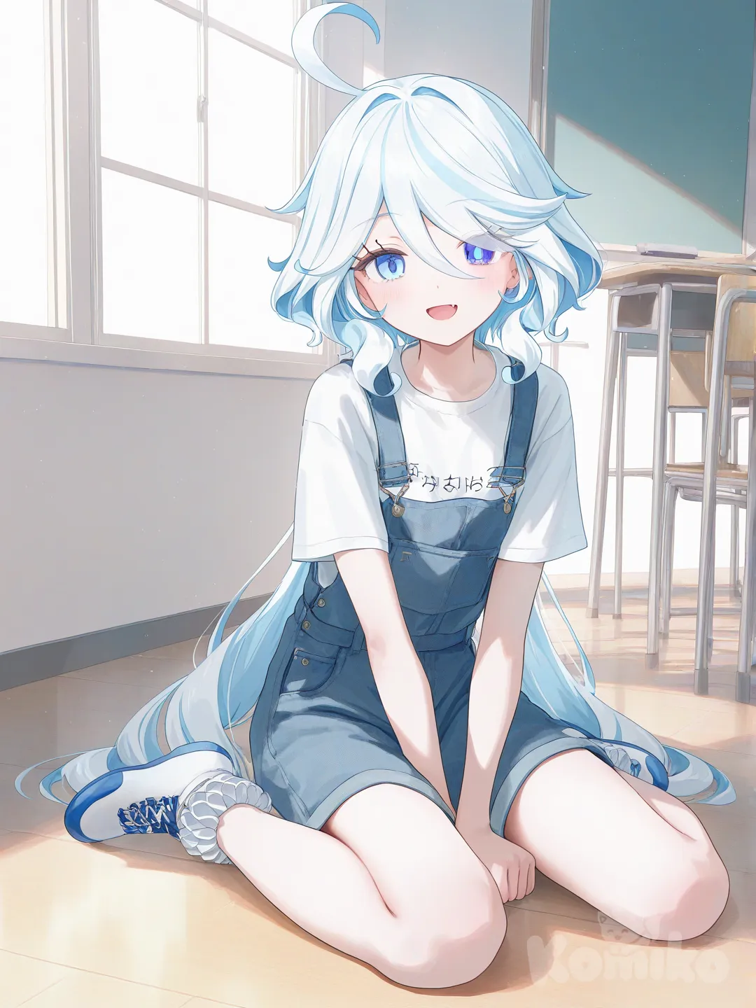 @Furina_(Genshin_Impact), [soft-pastel-style], sitting on the ground, t-shirt, overalls, full body, classroom