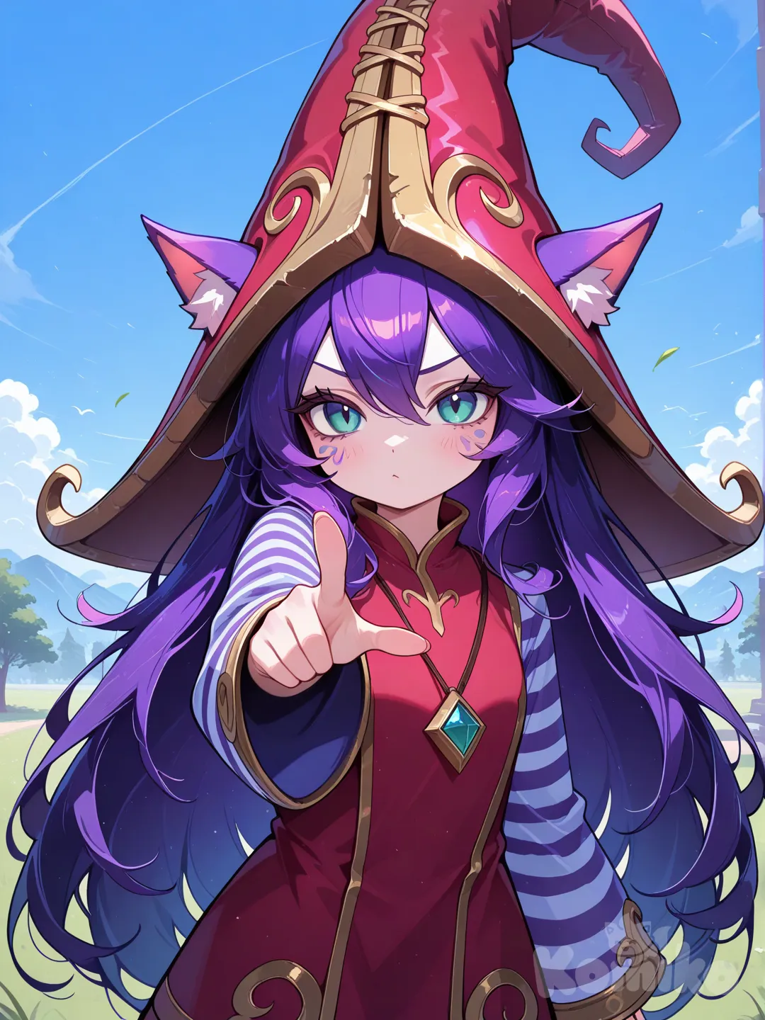 @Lulu_(League_Of_Legends), pointing at viewer, blue sky