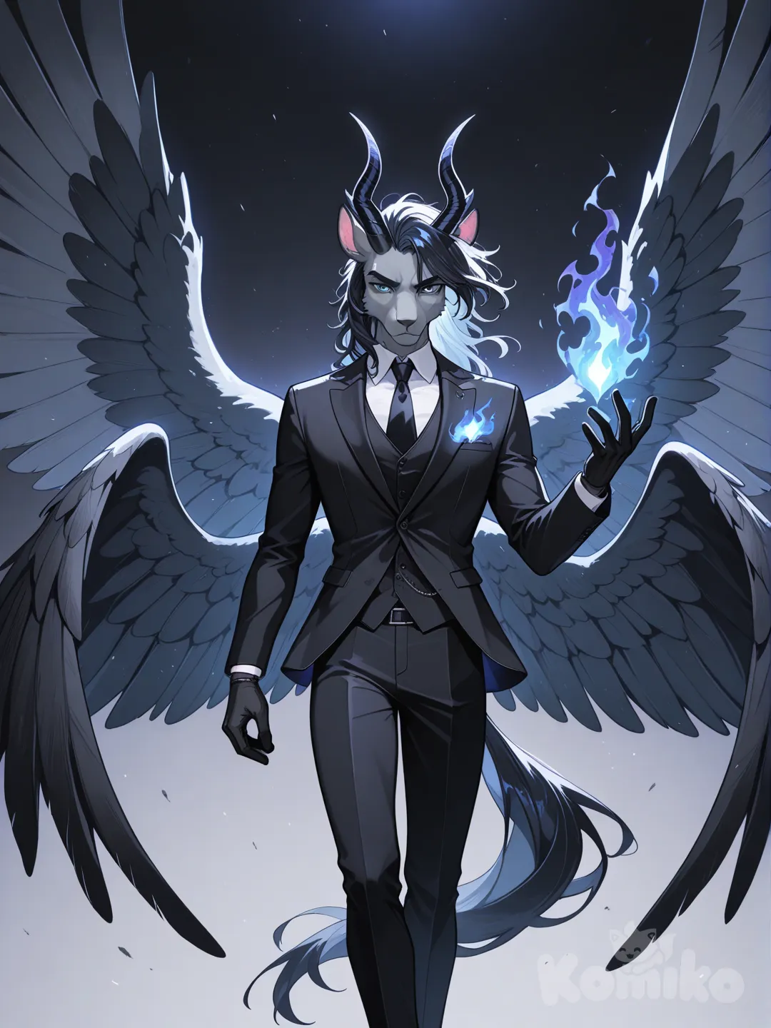 сірий алікорн самець крила горять сірим полумям магії дорогому одязі у вигляді млп