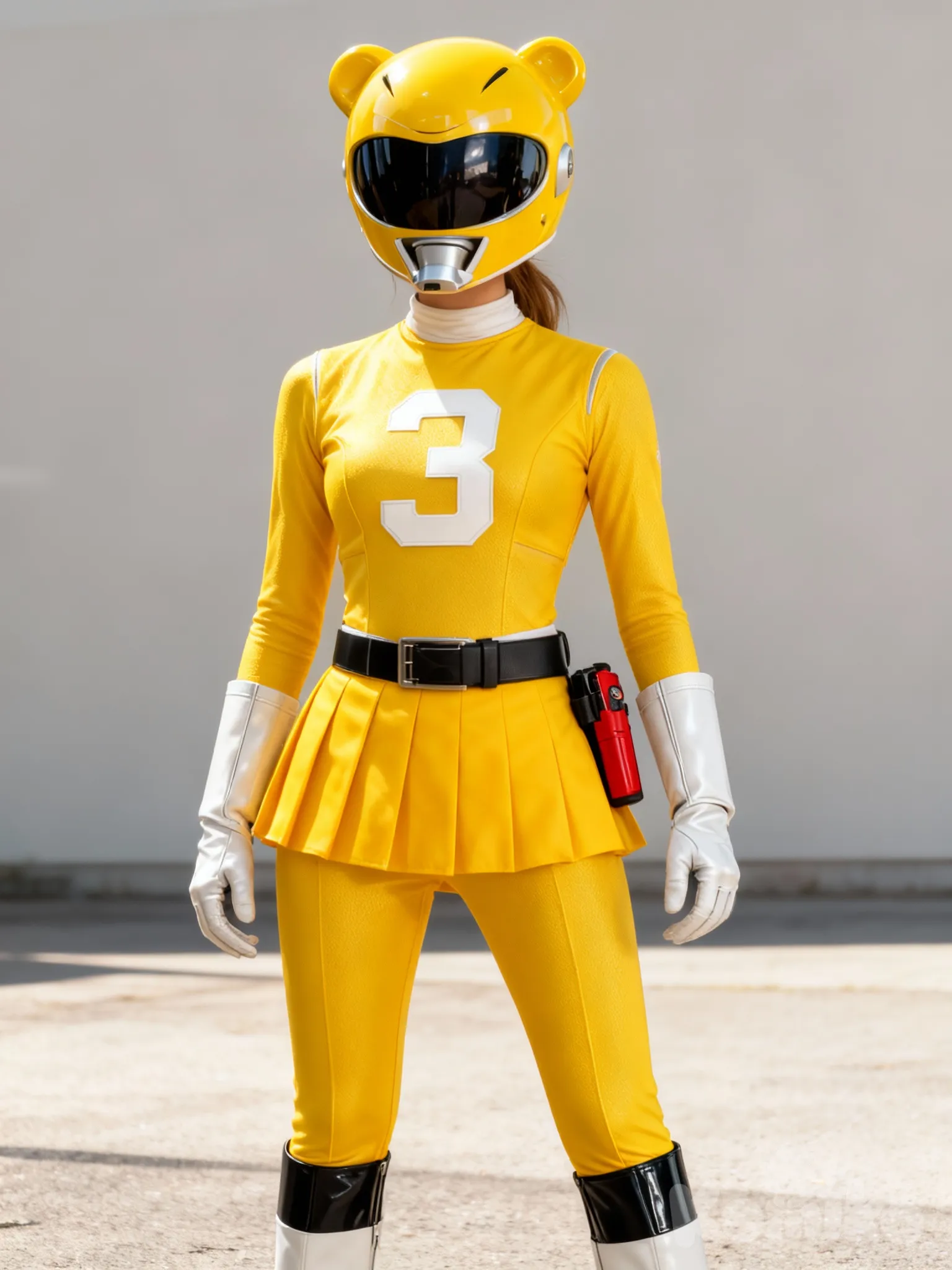 (Style & Vibe): A photorealistic photograph of the woman from the reference image, cinematic lighting, highly textures, live-action tokusatsu style.
(Subject): The woman is standing full-body, wearing the complete Go-on Yellow ranger suit.
(Helmet Details): She is wearing a glossy yellow fiberglass helmet with a dark, reflective black visor, a silver mouthpiece, and distinct bear-ear structures sculpted on top.
(Suit Details): The main body is a textured yellow stretch-spandex suit showing realistic fabric folds. A large, bold white number "3" is printed clearly on the chest. A separate yellow pleated fabric skirt is worn over the hips.
(Accessories & Limbs): She wears white leather gloves with black cuffs and tall white leather boots with black cuffs. Around her waist is a black utility belt holding a red device/holster on her right side.
(Setting): Neutral background, realistic daylight, sharp focus on the suit's textures.