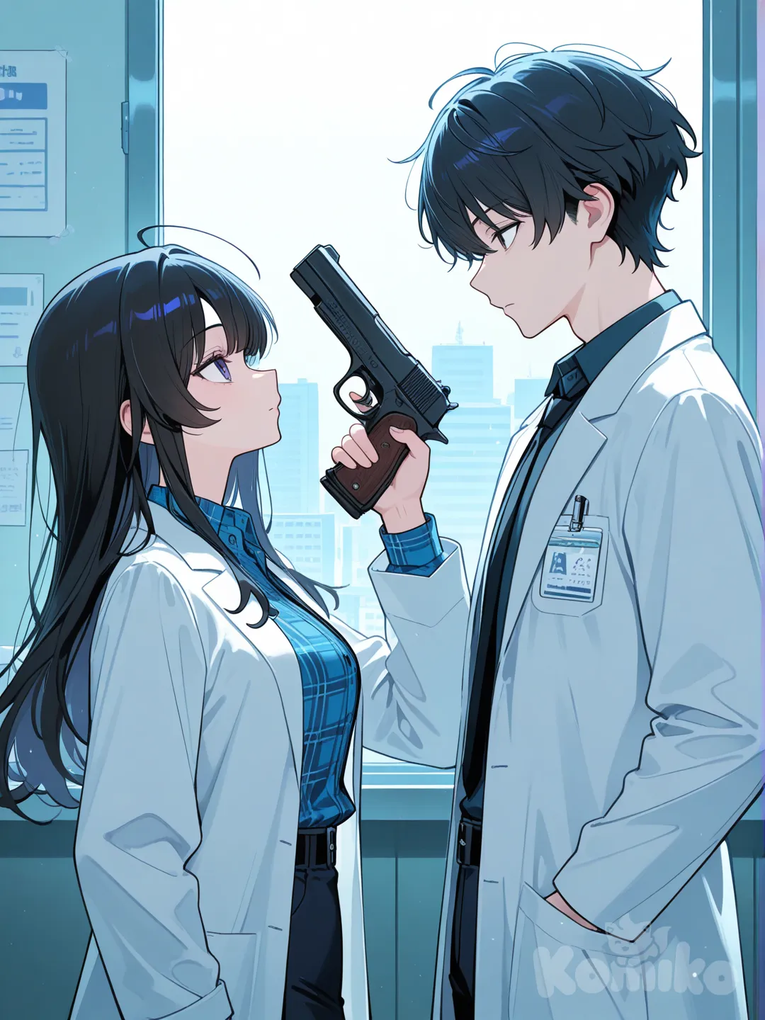 1boy, 1girl, 2people, holding gun, lab coat, plaid shirt, medium long shot, side profile photo