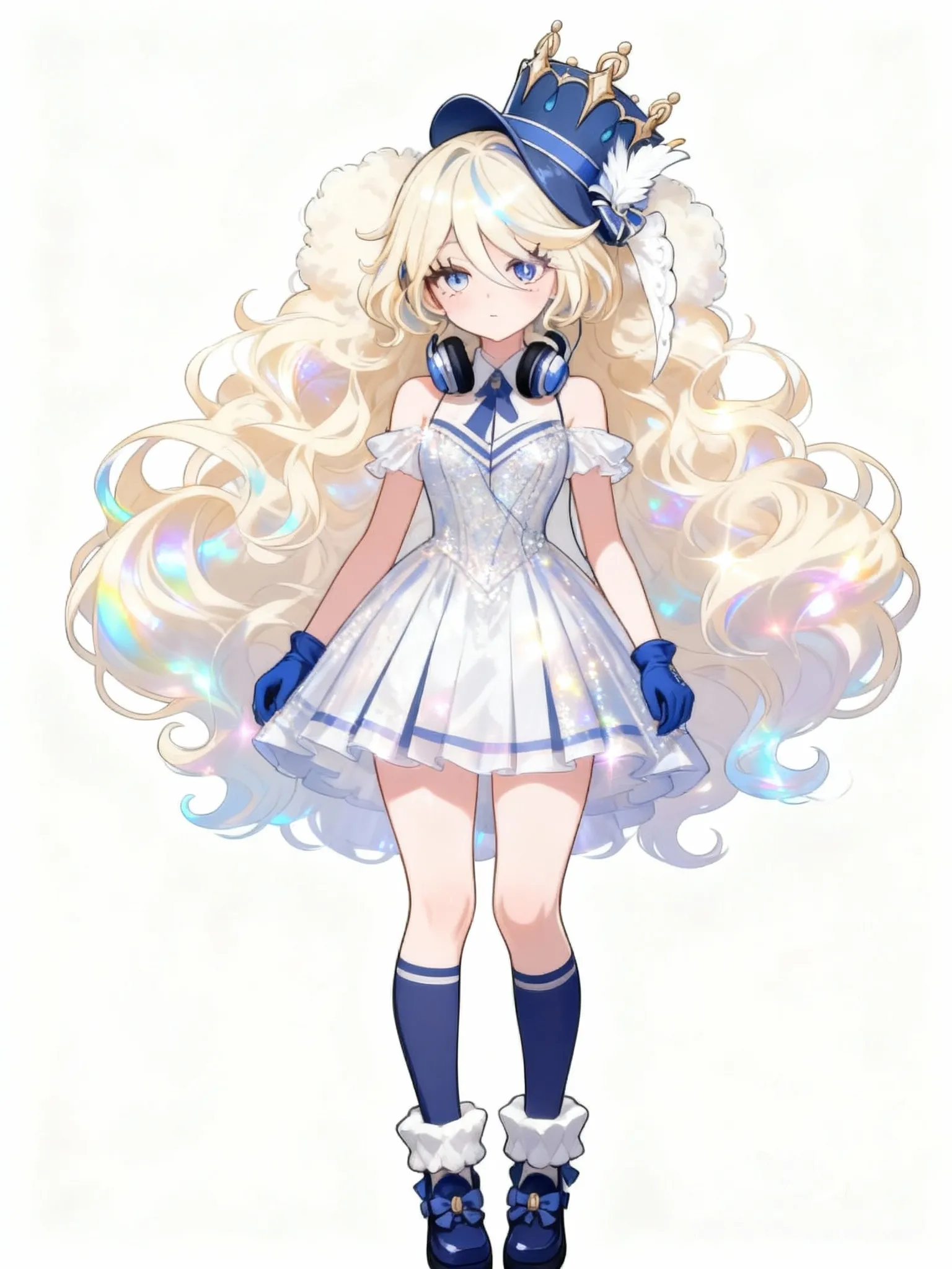 @Furina_(Genshin_Impact), [iridescent-style], hands in pockets, ivory white, blonde hair, fluffy curls, evening dress, school uniform, knee-high socks, headphones