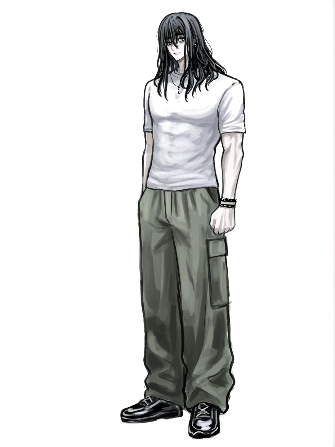 [sketchy-painterly-style] 1boy, black_hair, long_hair, hair_over_eyes, bangs, shoulder-length_hair, grey_eyes, pale_skin, teen, athletic, cargo_pants, earrings, jujutsu_kaisen, single character, full body, looking at viewer, simple background, white background