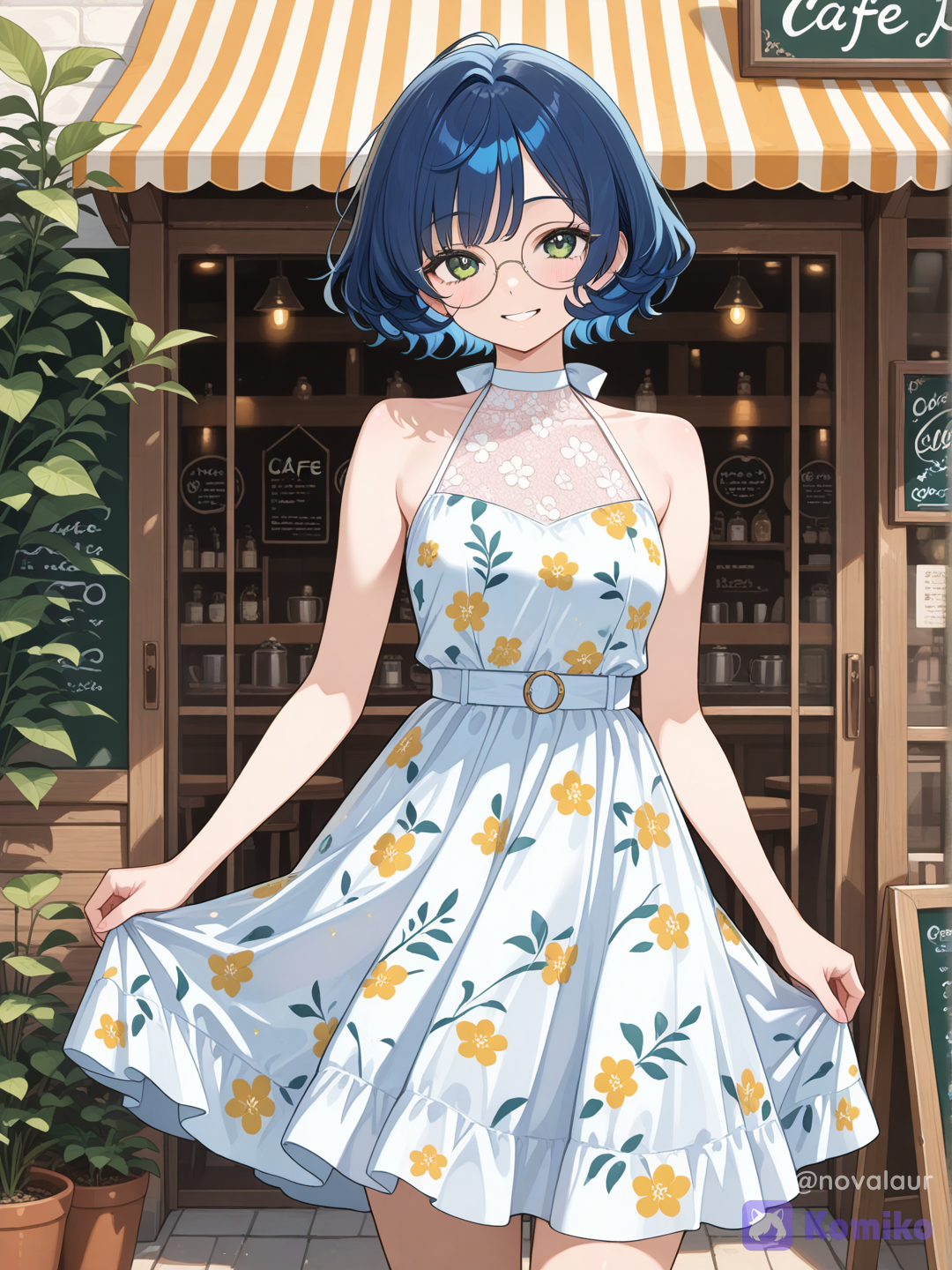 @nova-0NLW wearing a multi colored floral sundress with a halter top, no cleavage, no bags, smiling, posing for the viewer, standing outside of a cafe
