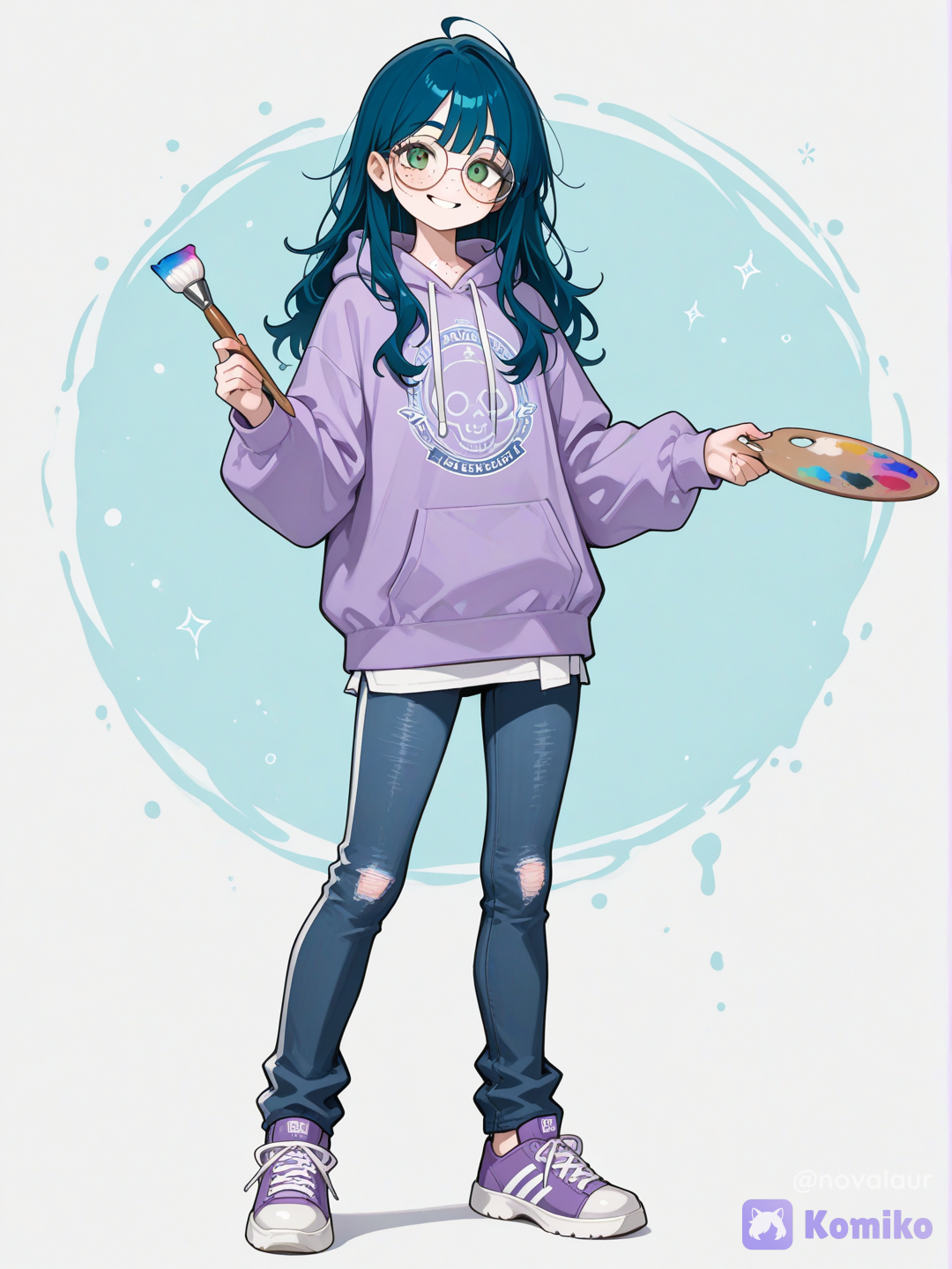 @young-nova-oZdE holding a paint brush and a paint palette, standing in front of an art easel, smiling at the viewer, posing for the viewer, art studio background