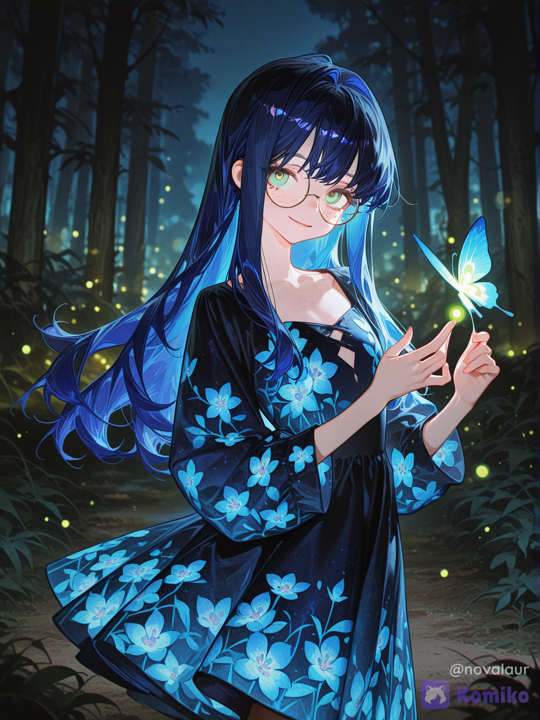 @young-nova-oZdE wearing a glowing floral patterned dress, holding a glowing butterfly, smiling at the viewer, nighttime, forest in the background, [high-gloss-illustration-style]