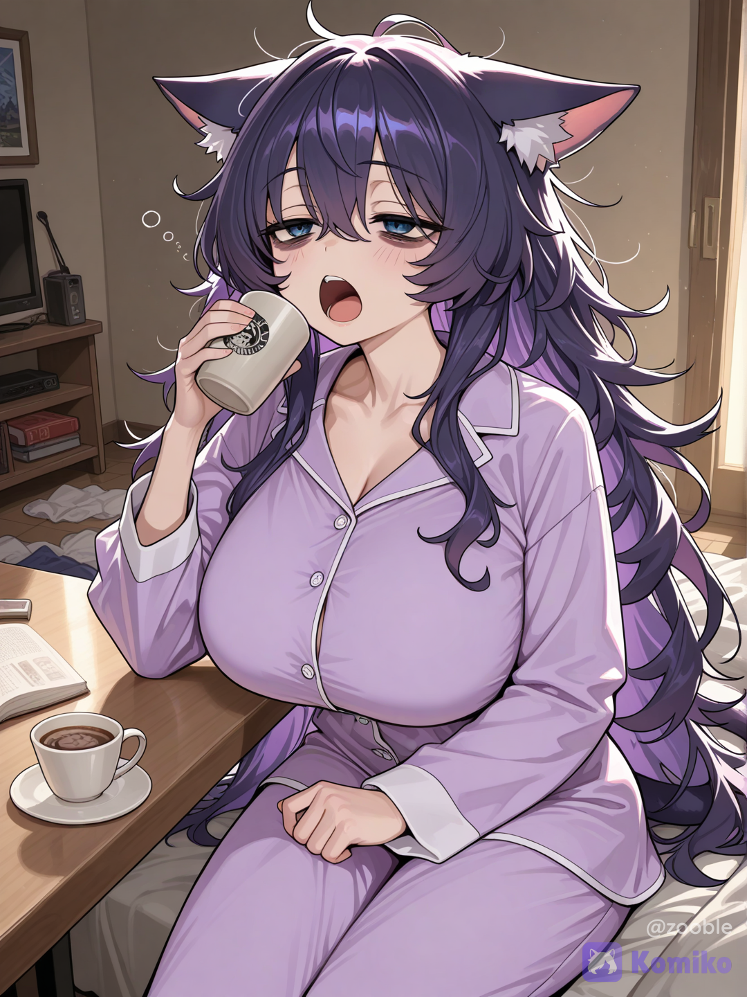 @nyx-bhU6 with bags under her eyes, sleepy, and drinking coffee