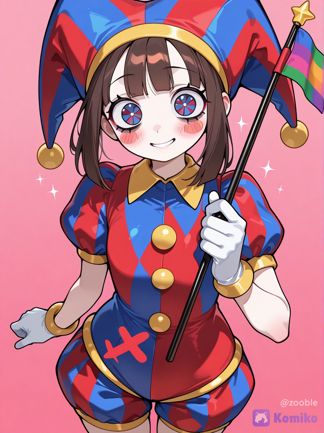 @Pomni_(The_Amazing_Digital_Circus) holding a mini pansexual flag on a stick (one bright pink stripe at the top, yellow stripe in the middle, and cyan at the bottom)