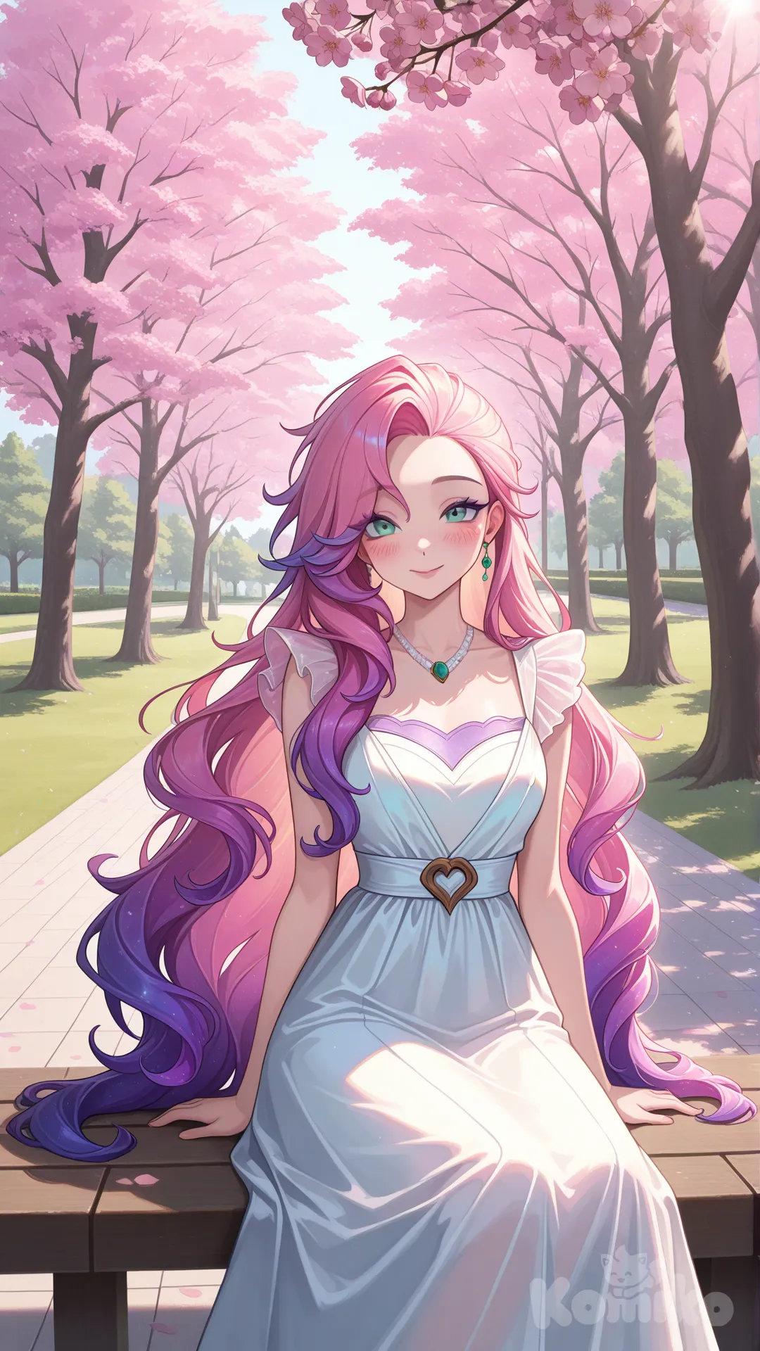 @Seraphine_(League_Of_Legends), com vestido te esperando para um encontro, tarde de sol, luz natural, árvore, Japão