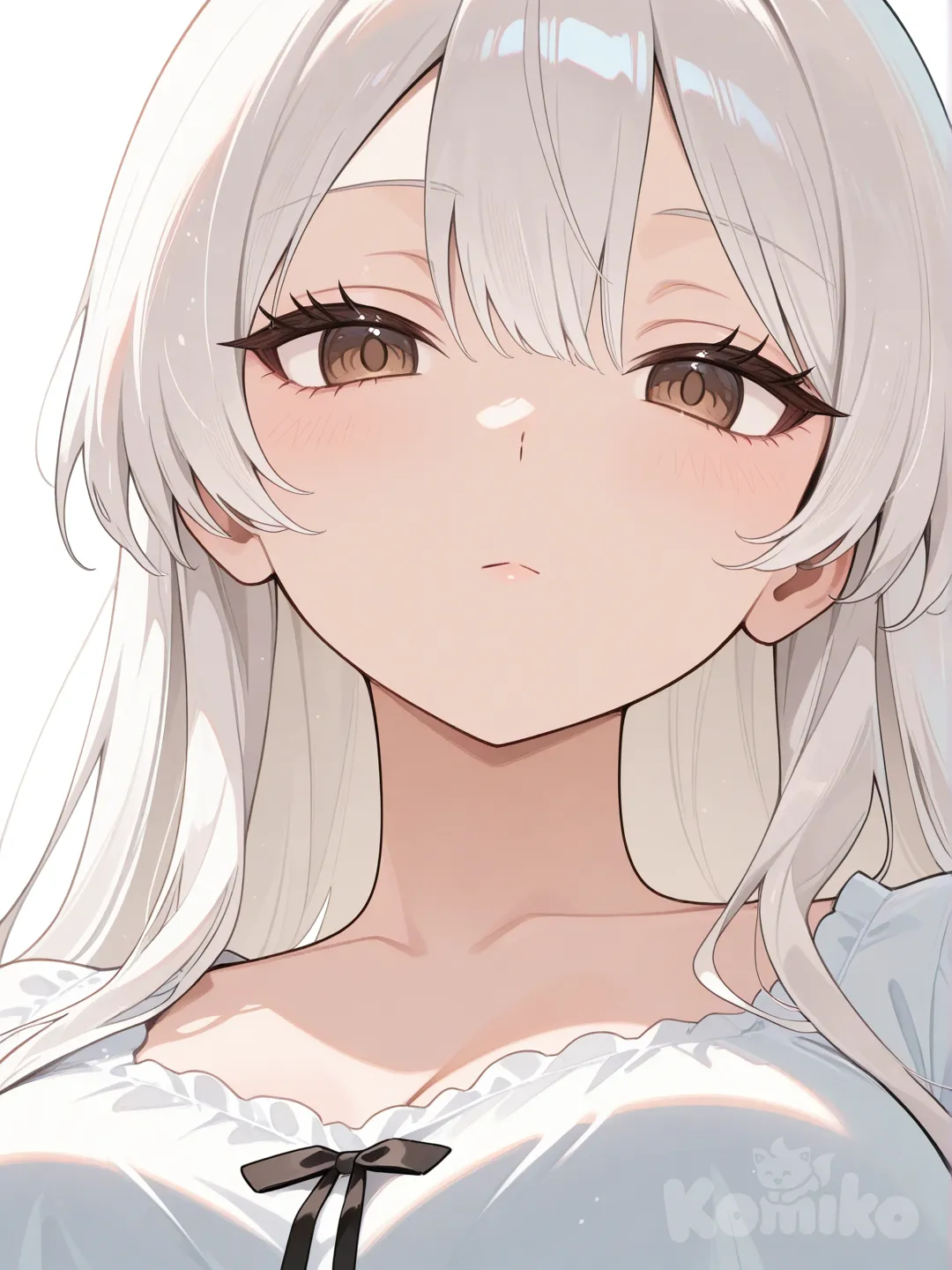 Adolescente anime , cabello blanco , ojos cafés pequeños, mirada desinteresada , blusa blanca , voluptuosa, enfoque de cara cercana