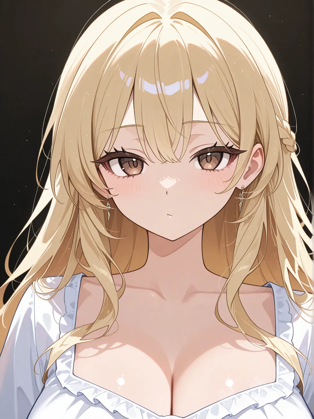 Adolescente anime , cabello rubio , ojos cafés pequeños, mirada desinteresada , blusa blanca , voluptuosa, fondo negro, enfoque de los hombros para arriba , imagen centrada
