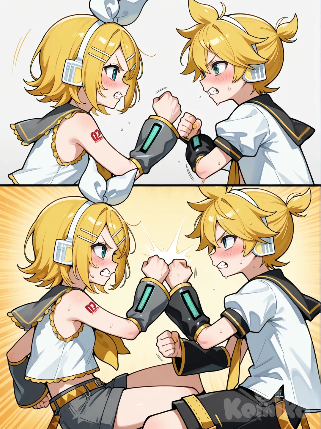 kagamine rin, kagamine len, fighting each other, sibling rivalry between rin and len
