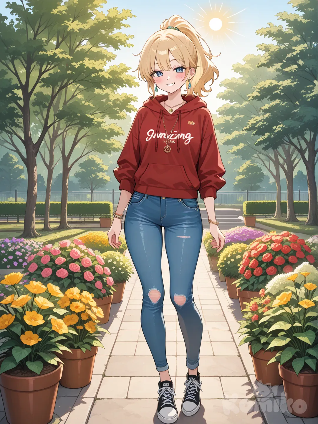 smile, blush, hoodie, jeans, earrings, necklace, sun, bracelet, blonde hair, high ponytail, full body, garden
