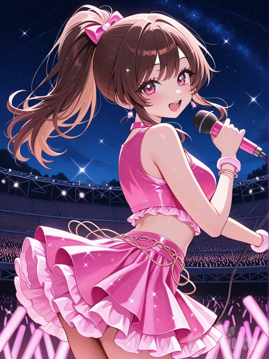 1girl,holding a mic,Hot pink crop top,Hot pink fluffy skirt, high ponytail, brown hair, concert, starry sky