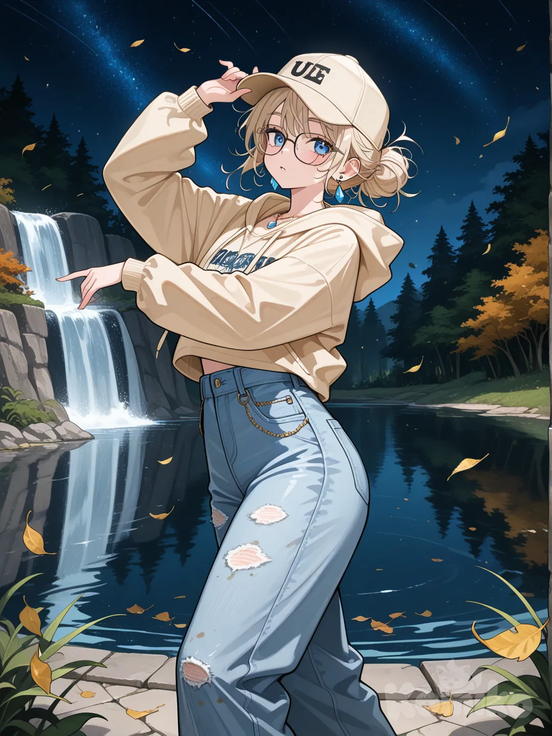 1girl, dancing, hoodie, wide legged jeans, earrings, baseball cap, necklace, glasses,messy bun,dirty blond hair,blue eyes, lake, starry sky, leaves falling, waterfall