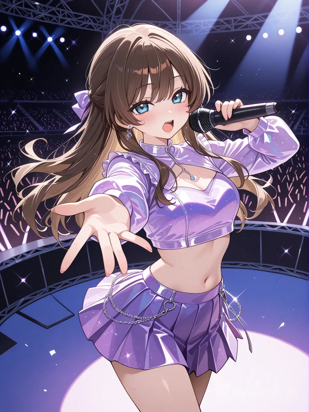 1girl, singing,holding a mic,crop top that's purple,short purple skirt,brown hair long,blue eyes, stage light,concert