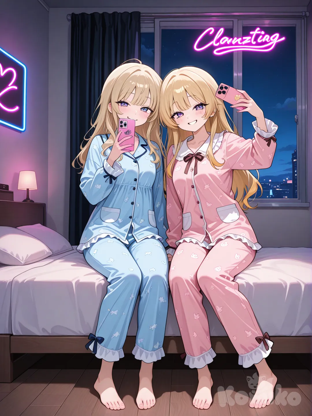 2girls, selfie, smile, pajamas, blonde hair, full body, neon lights, night, bedroom