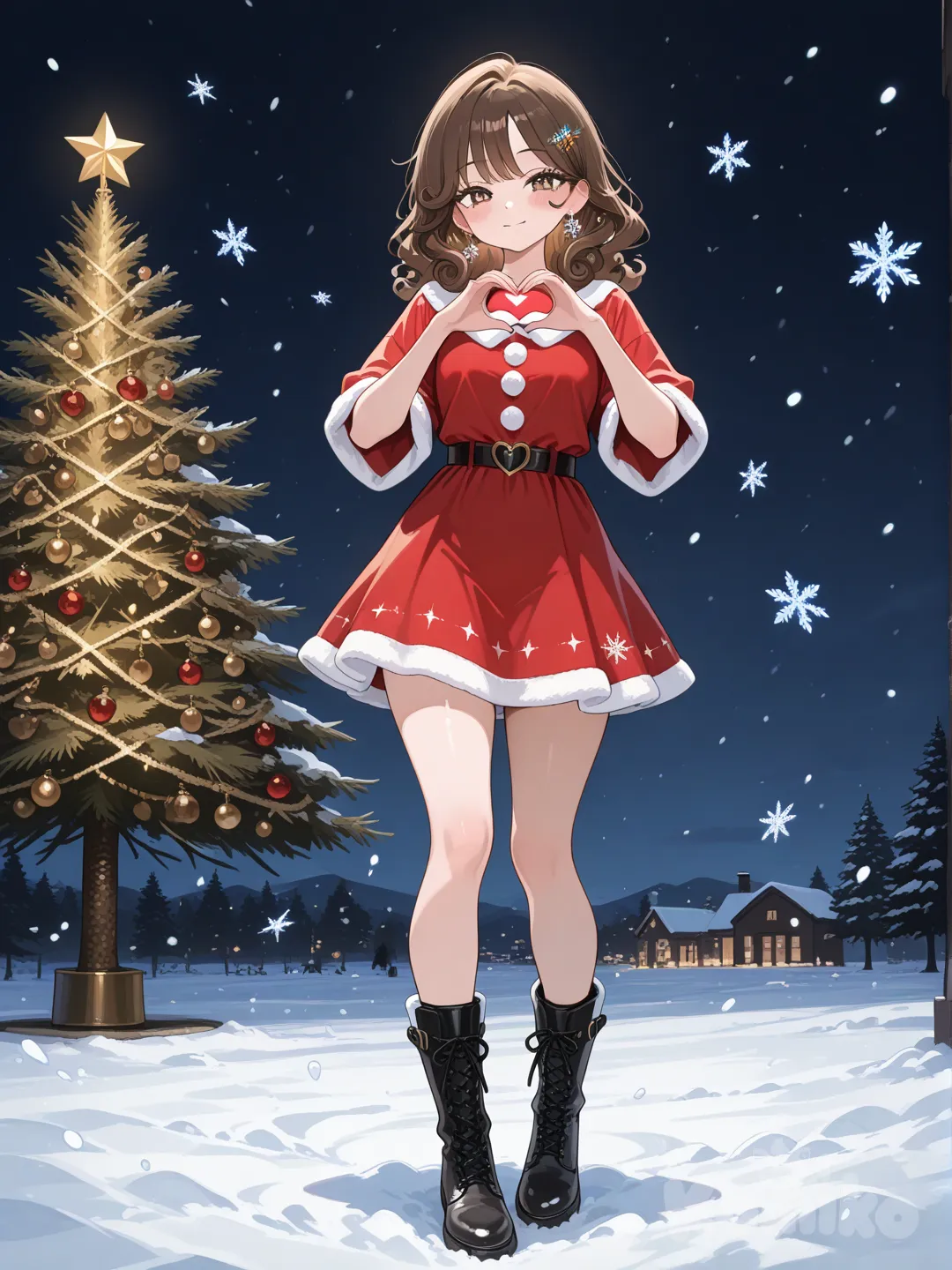 1girl, heart hands,santa dress,chrismas tree earings, christmas lights, black boots, brown hair,curled, snowing, snowflakes, full body