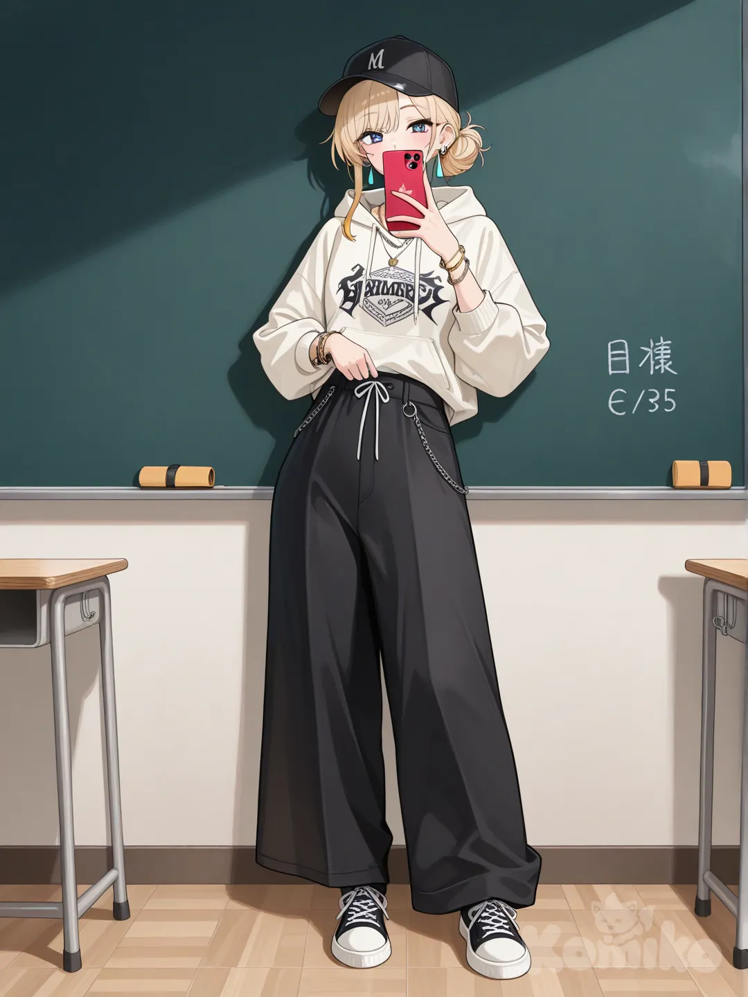 1girl, selfie, hoodie, wide-leg pants, earrings, necklace, baseball cap, bracelet, blonde hair,messy bun, full body, classroom