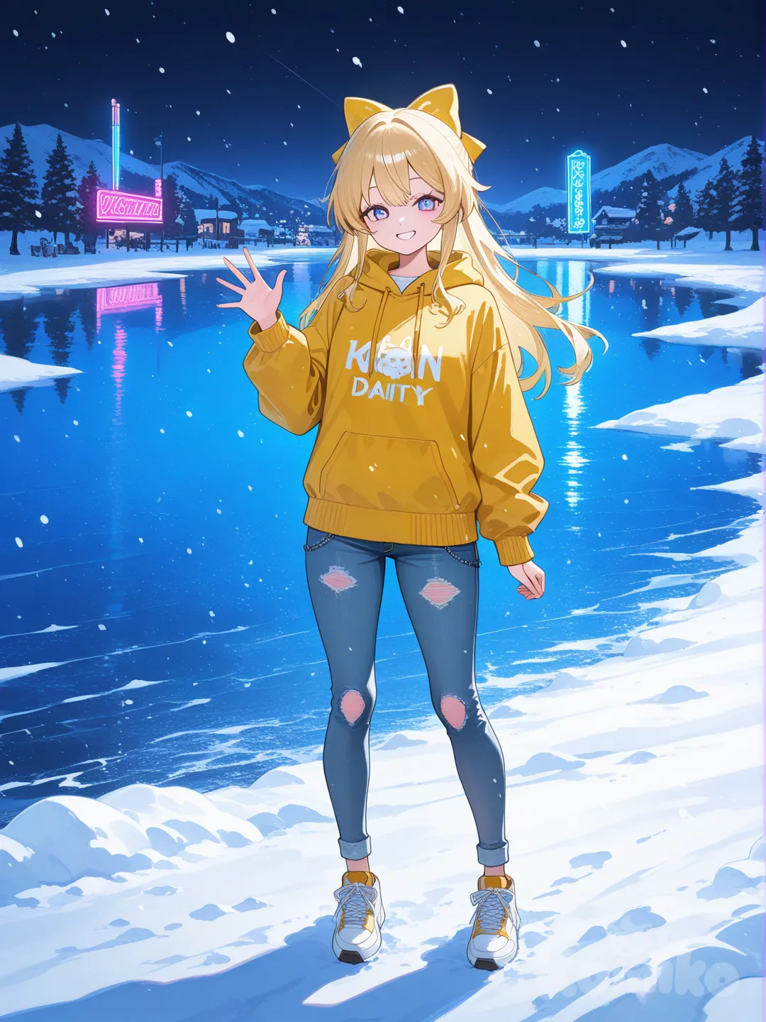 1girl, waving, hoodie, jeans, bow, full body, neon lights, lake, snowy, blonde hair
