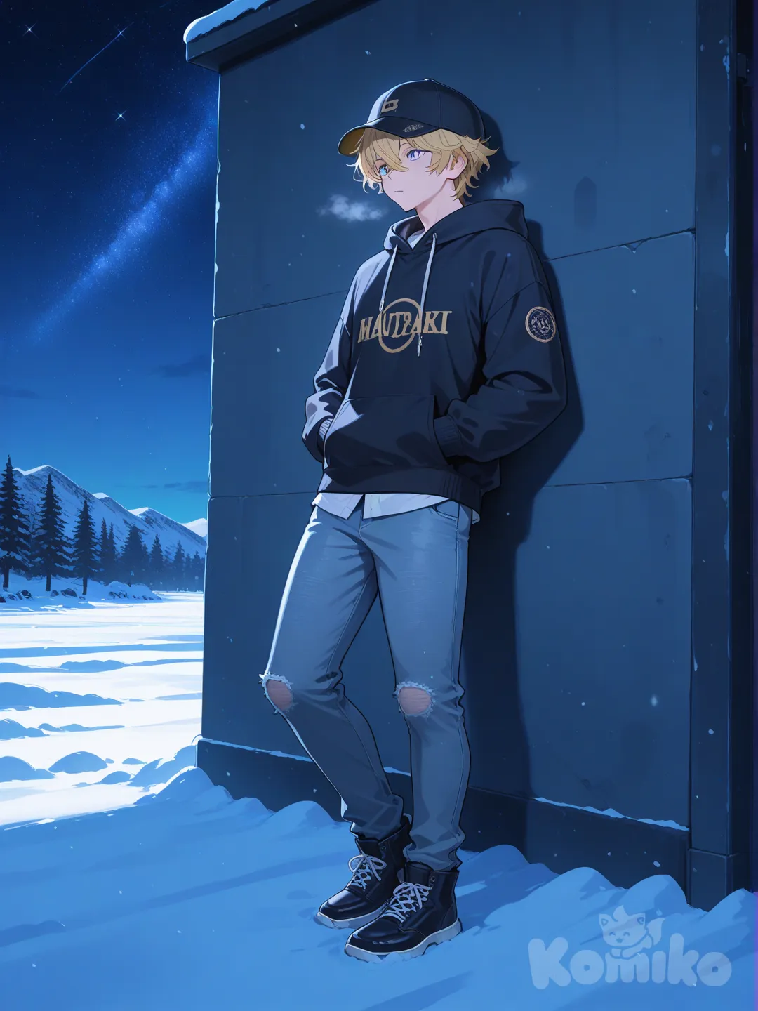 1boy, hands in pockets, hoodie, jeans, baseball cap, blonde hair messy,back against a wall, full body, starry sky, snowy