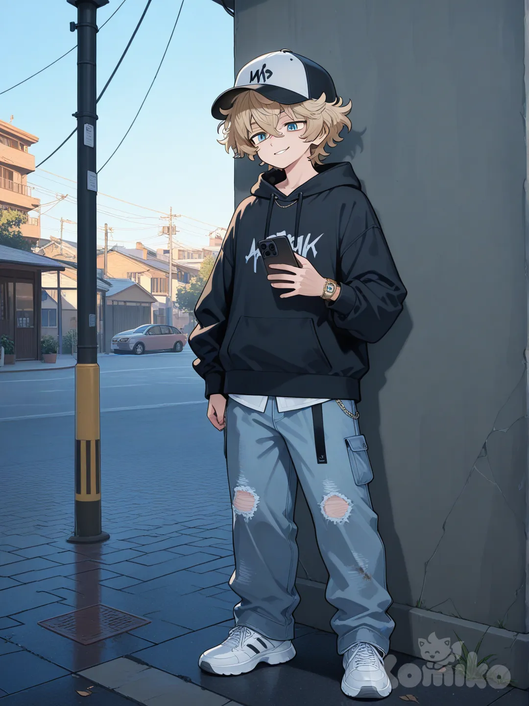 1boy, looking at phone, smirk, black hoodie, baggy jeans, baseball cap,apple watch,dirty blond fluffy hair, blue eyes, full body, top light, blue sky