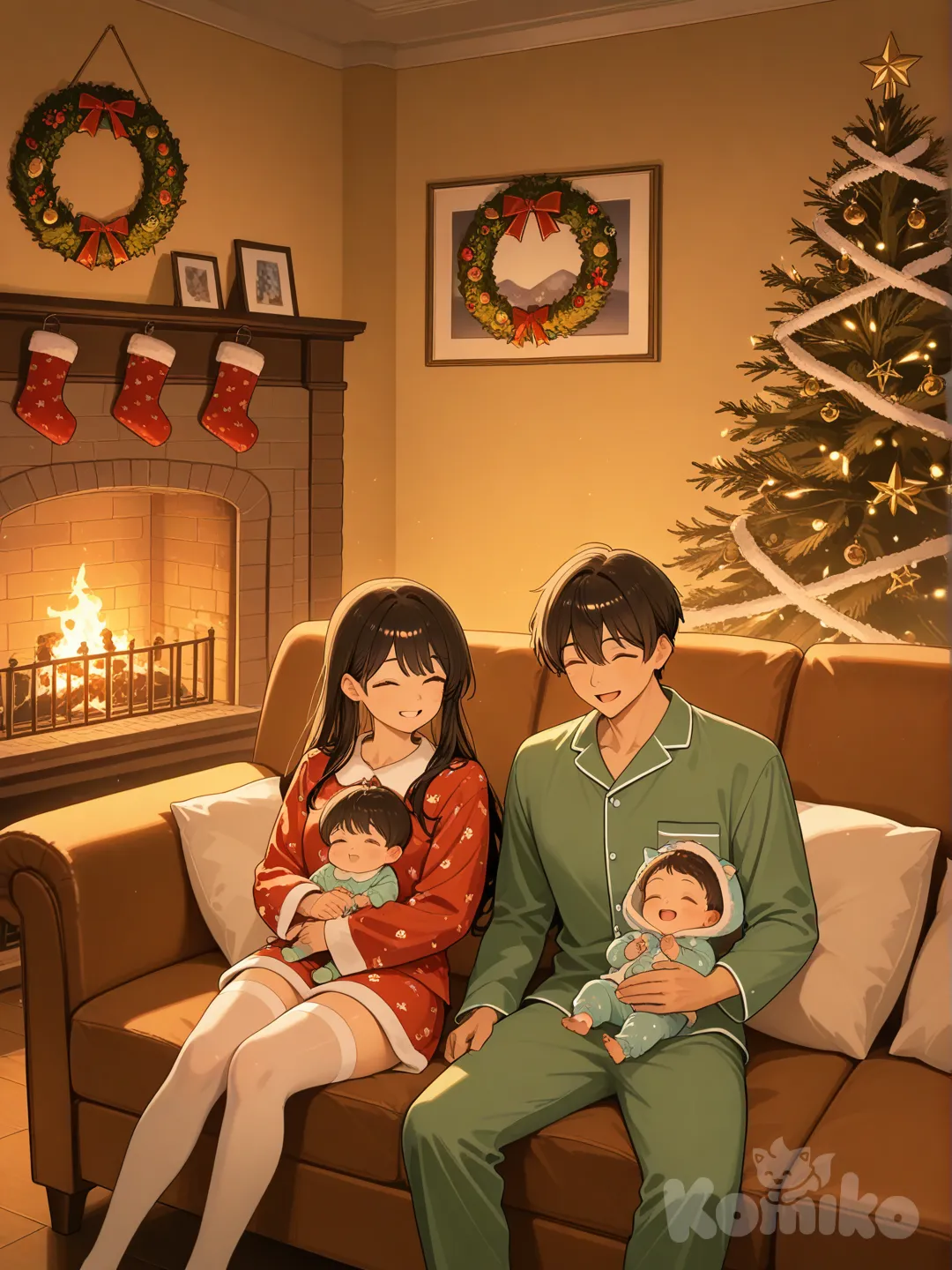 a family of 4,matching Christmas pajamas,mom,dad,toddler, baby, night,living room decorated for Christmas